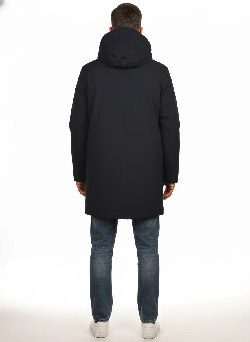 Vista da dietro del parka Peuterey tessuto tecnico blu con cappuccio