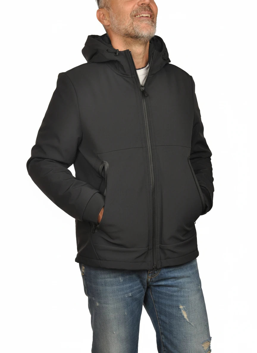 Vista frontale del giubbotto Peuterey nylon fumo con cappuccio