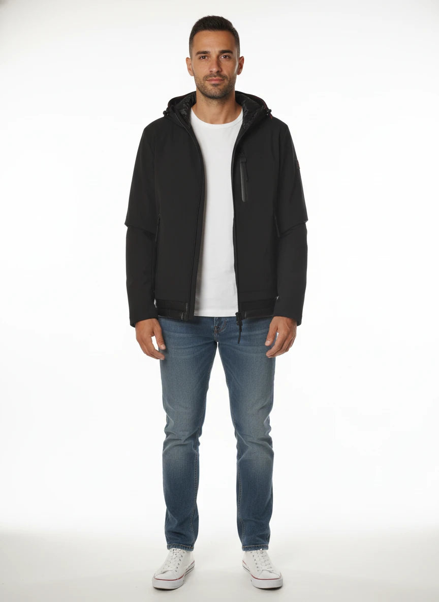 Vista da dietro del giubbotto Peuterey tessuto tecnico nero con cappuccio