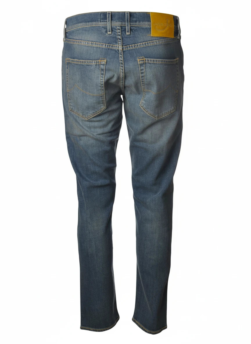 Close‑up detail of jeans straight leg wash Jacob Cohen in premium fabric