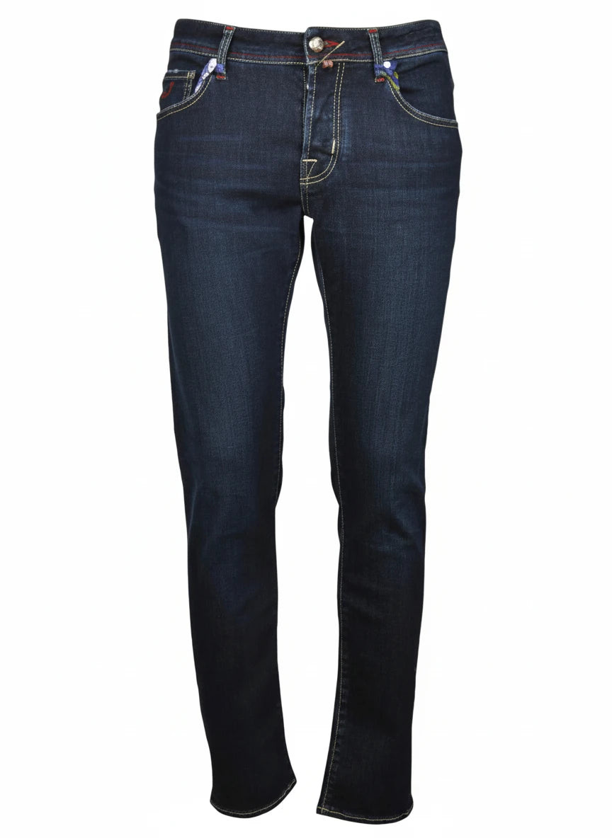 Close‑up detail of slim‑fit jeans dark wash Jacob Cohen denim