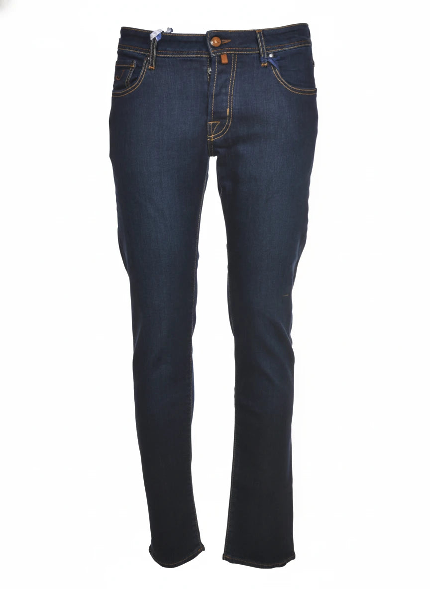 Close‑up detail of slim‑fit jeans dark wash Jacob Cohen