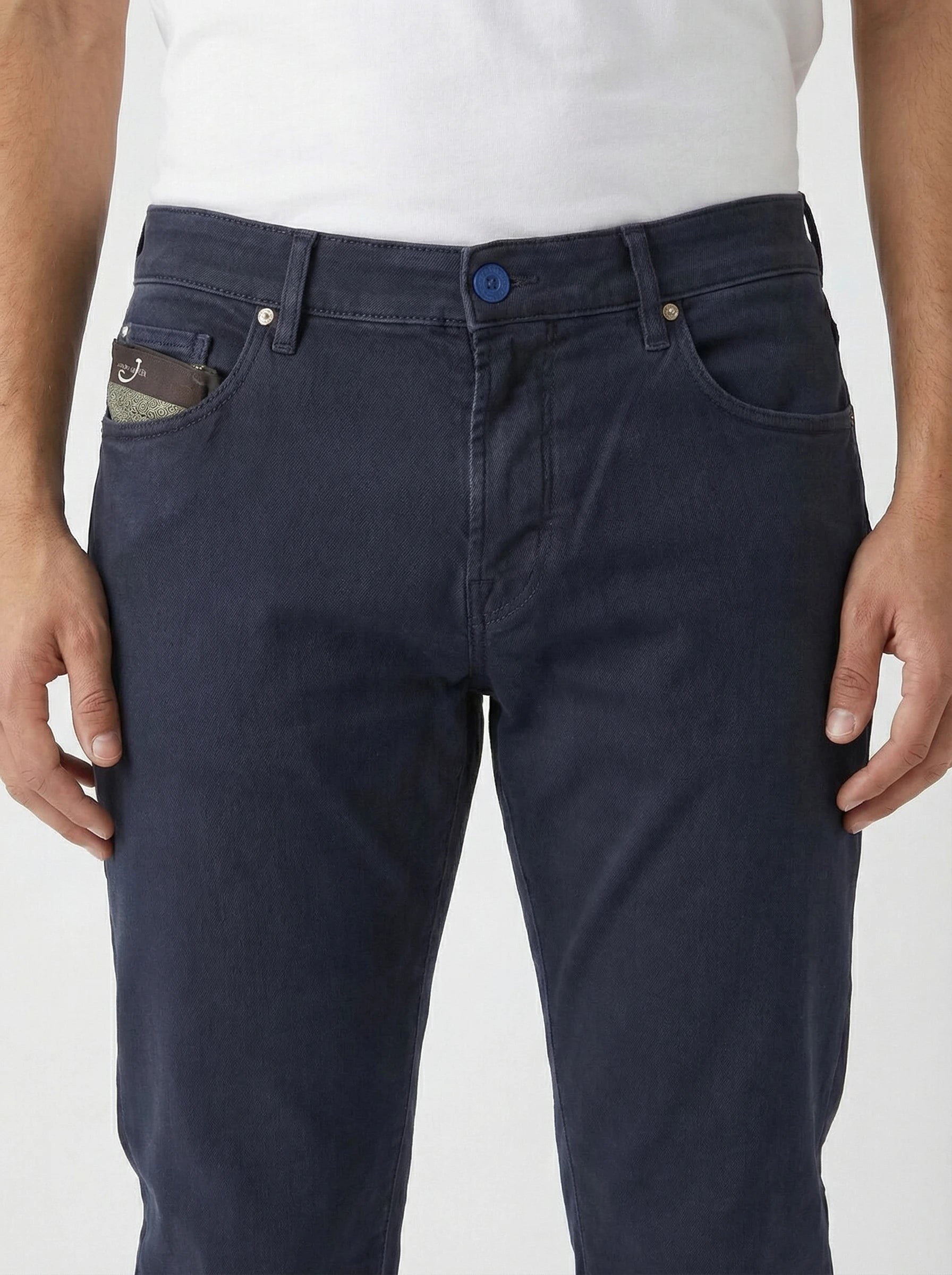 Back view of model wearing slim‑fit jeans blue‑black Jacob Cohen washed drill