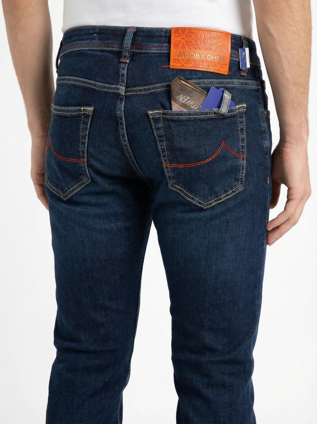 Rear view of slim‑fit jeans dark wash Jacob Cohen denim