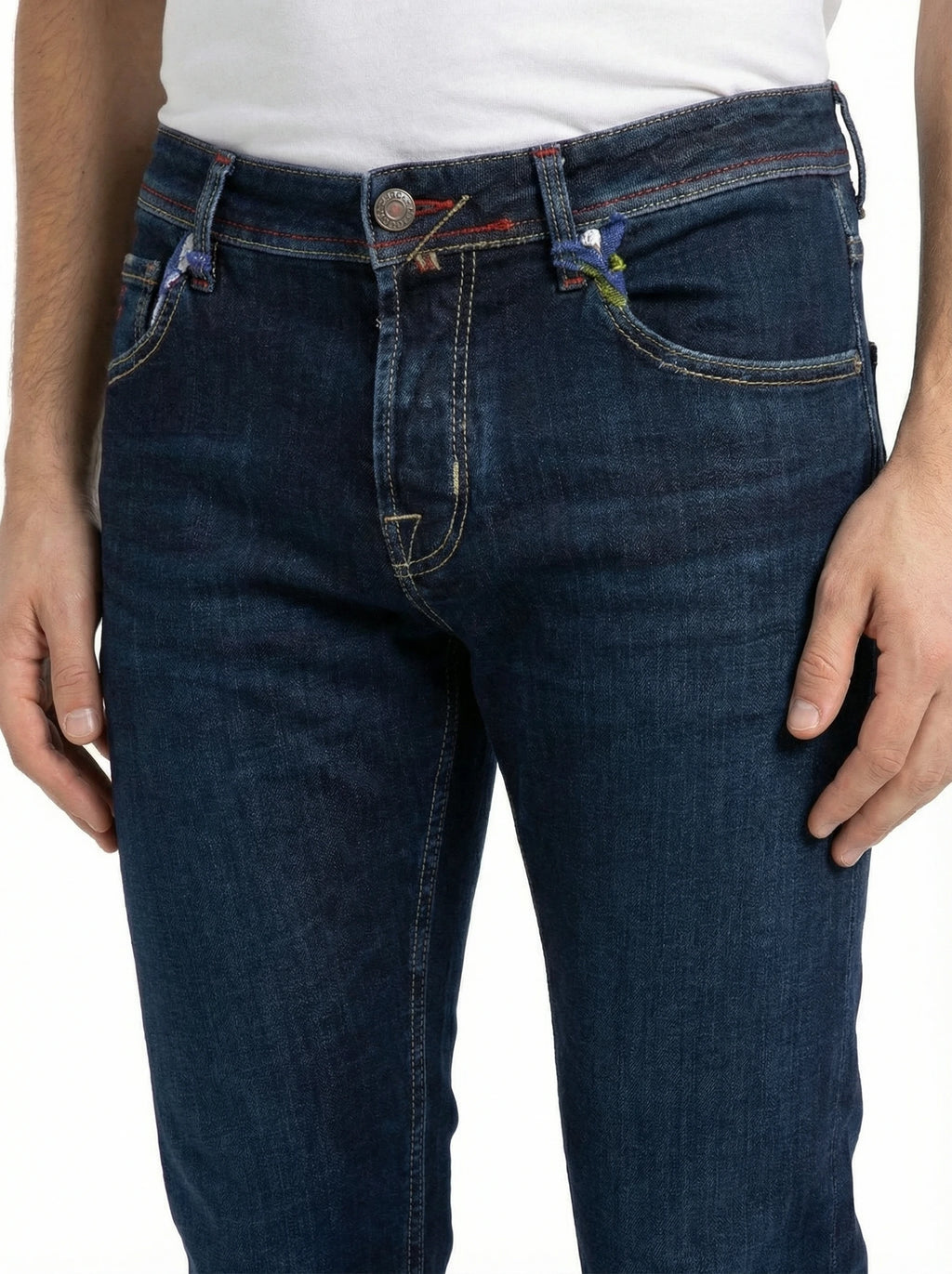 Front view of slim‑fit jeans dark wash Jacob Cohen denim