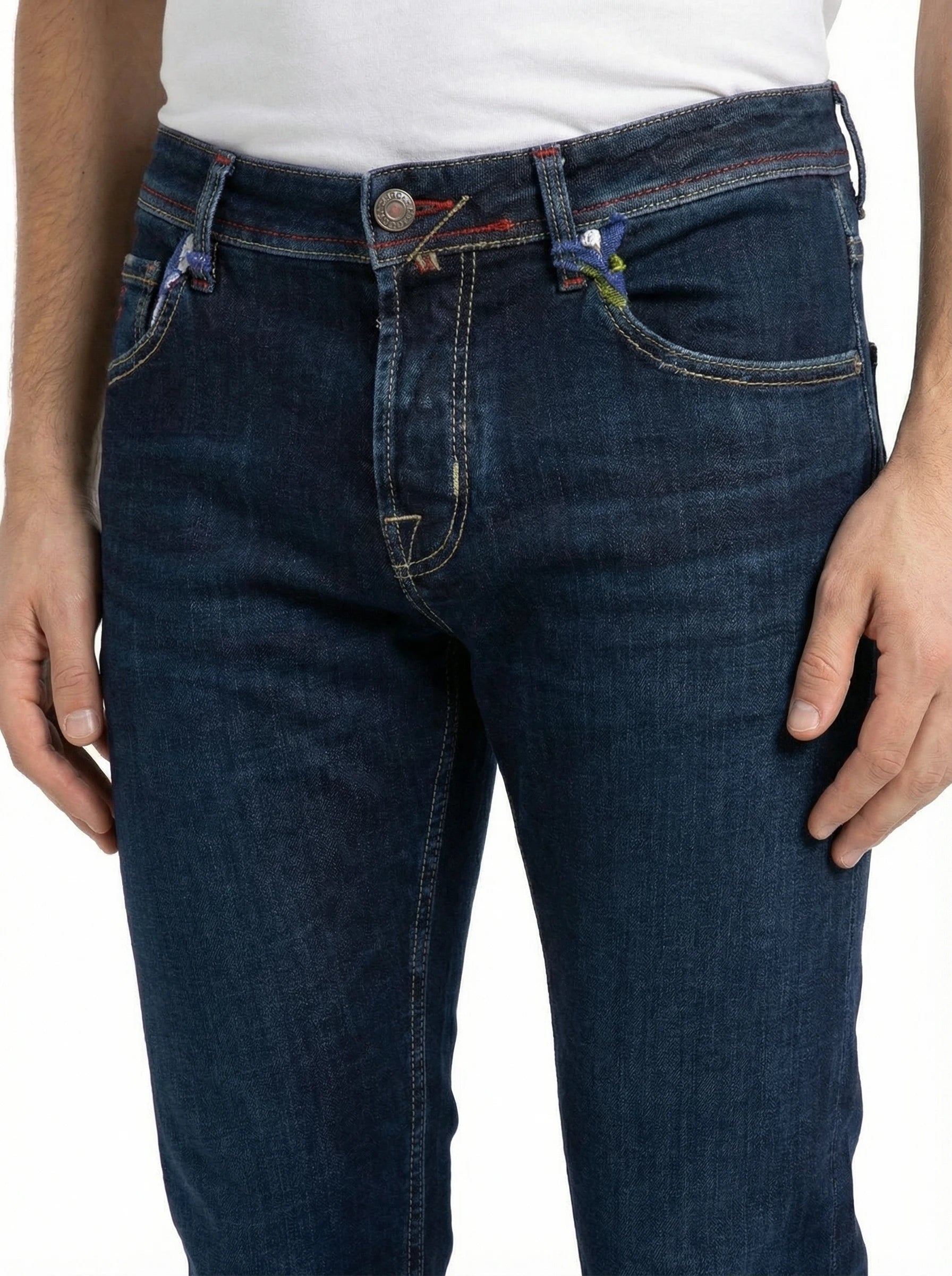 Front view of slim‑fit jeans dark wash Jacob Cohen denim