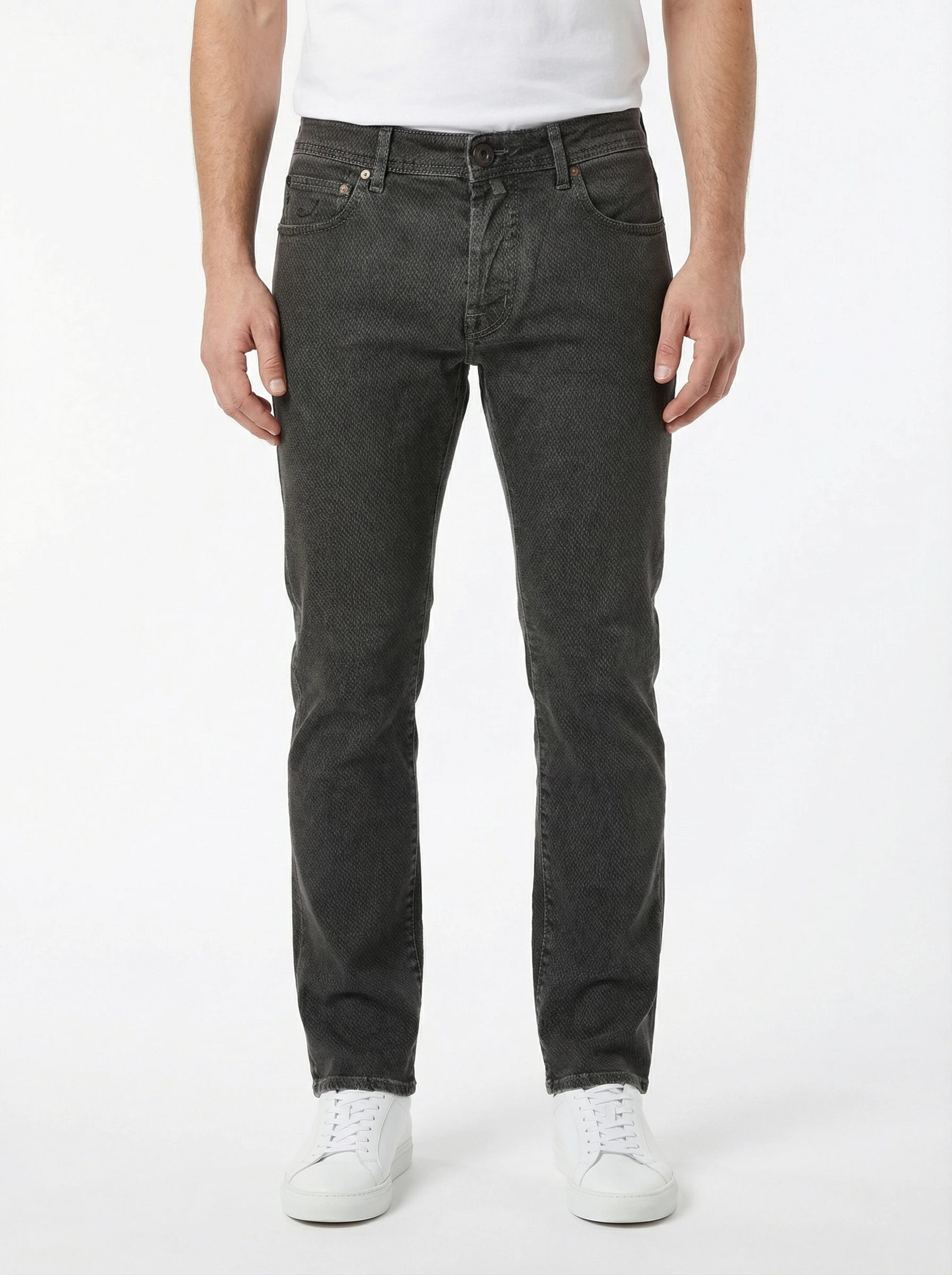 Back view of model wearing jeans narrow leg 4601 Jacob Cohen in premium fabric