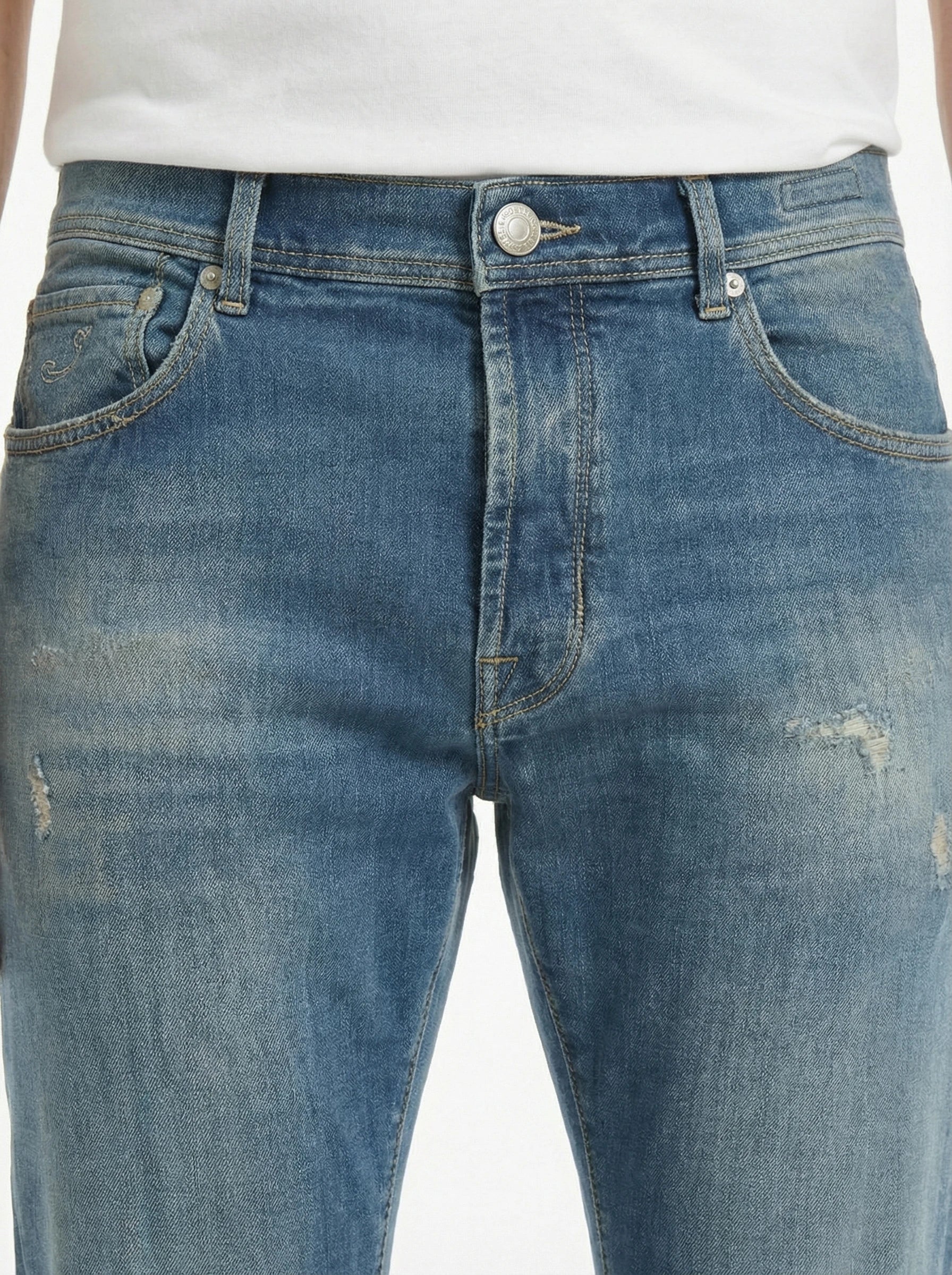 Back view of model wearing jeans straight leg wash Jacob Cohen in premium fabric