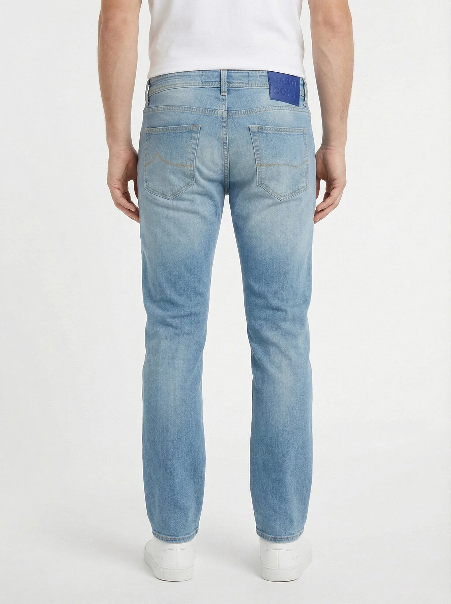Front view of jeans straight leg light wash Jacob Cohen