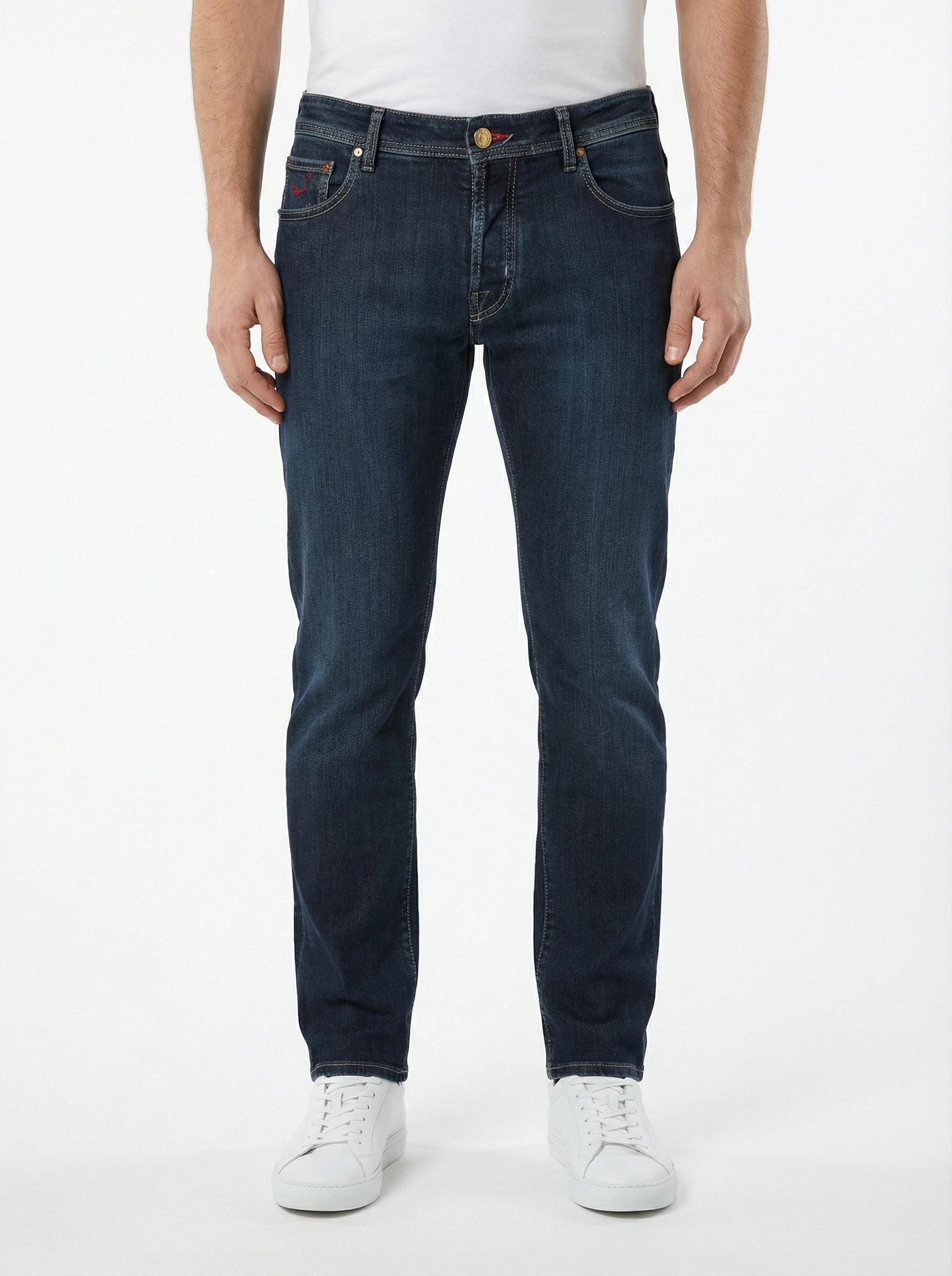 Back view of model wearing slim‑fit jeans Jacob Cohen in premium fabric