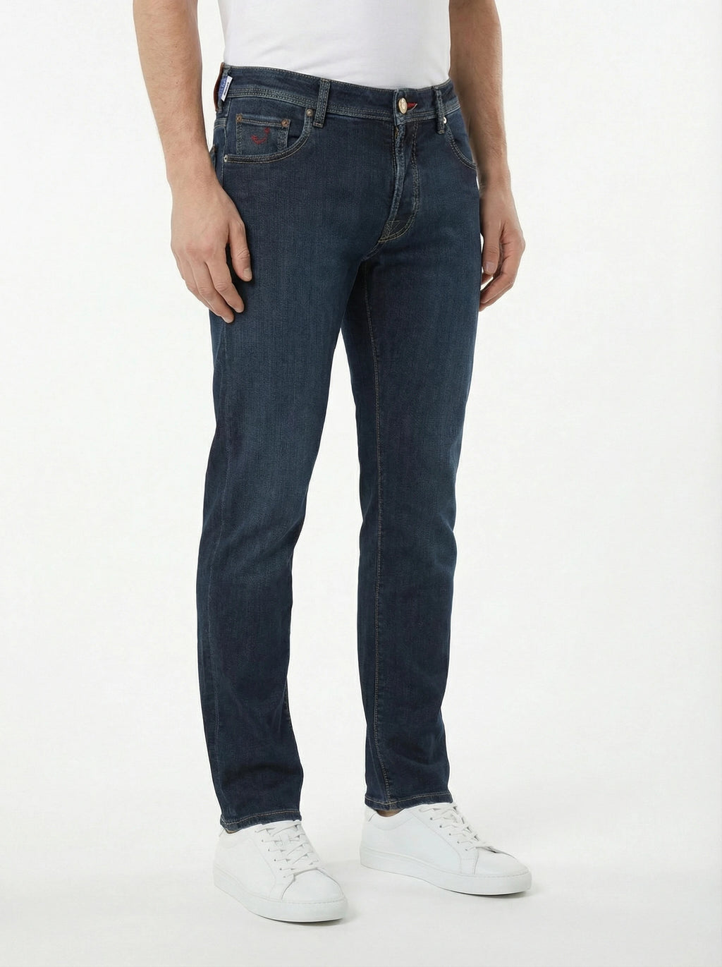 Front view of model wearing slim‑fit jeans Jacob Cohen in premium fabric