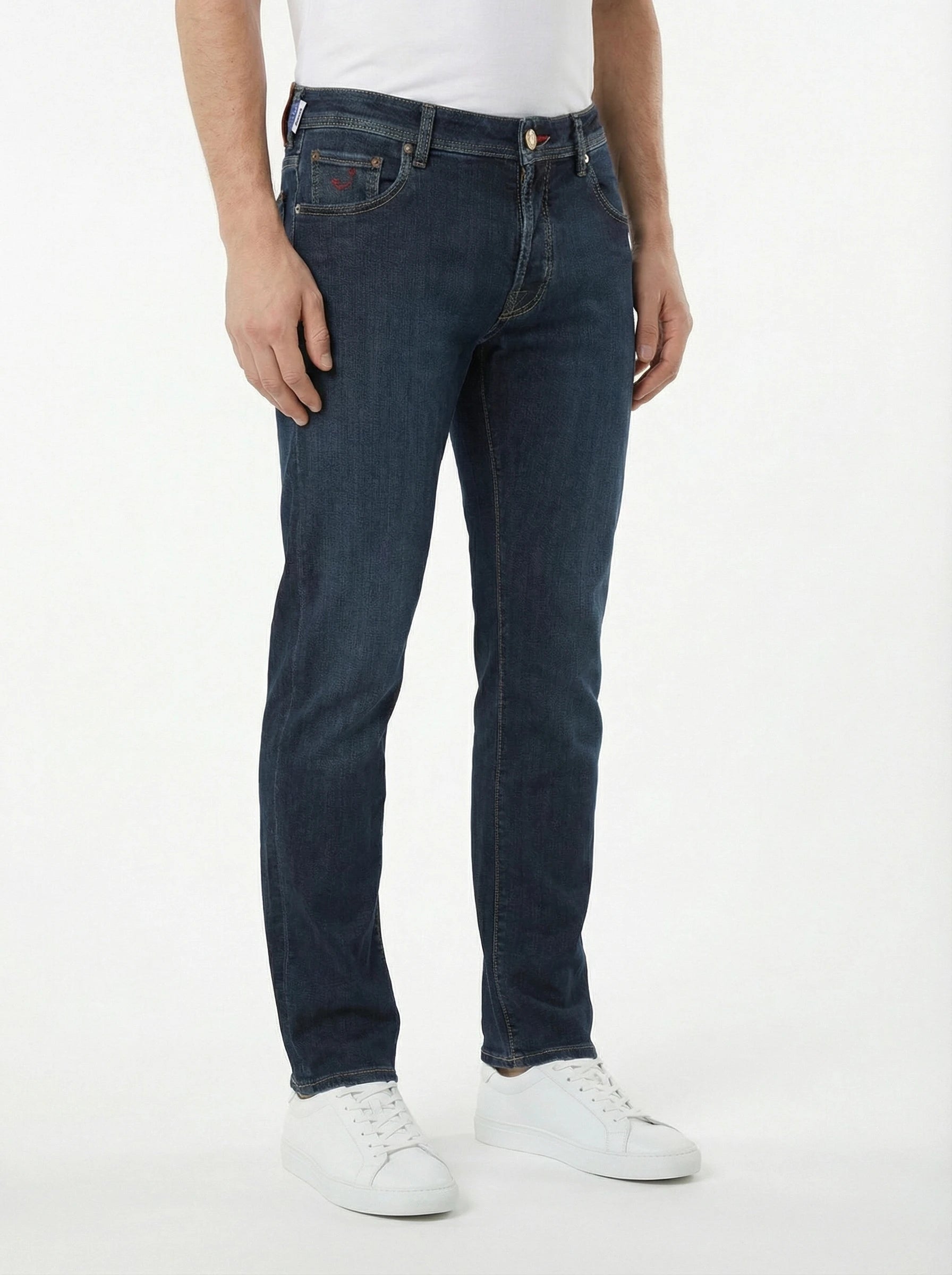 Front view of model wearing slim‑fit jeans Jacob Cohen in premium fabric