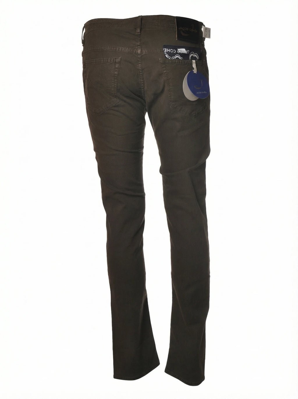 Close‑up of the pony‑skin patch of pants chino slim‑fit dark brown Jacob Cohen