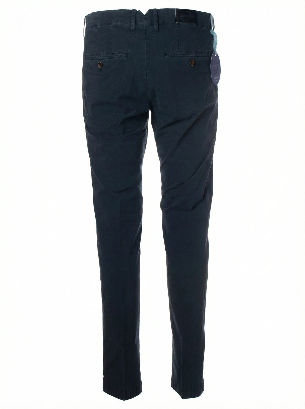 Close-up della salpa in cavallino del pantalone chino sigaretta blu navy Jacob Cohen