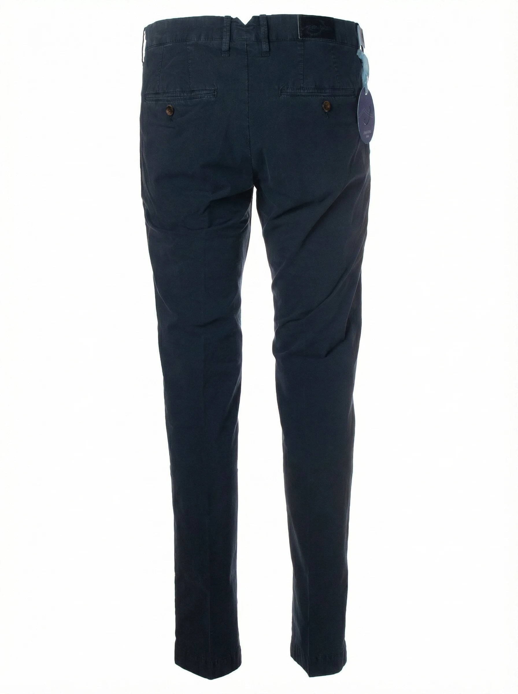Close-up della salpa in cavallino del pantalone chino sigaretta blu navy Jacob Cohen