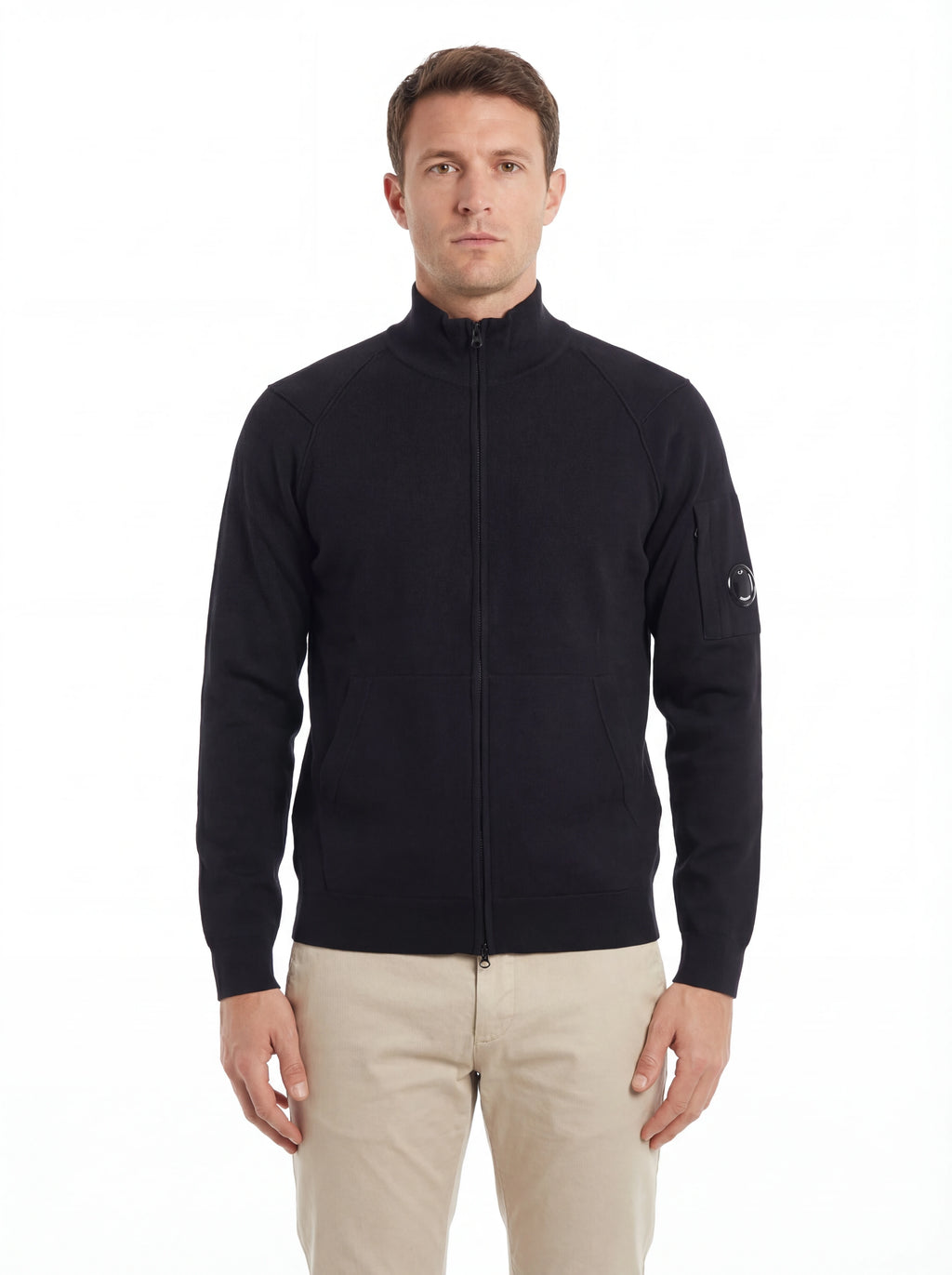 Modello a 45° con cardigan blu zip spalla raglan C.P. Company da uomo