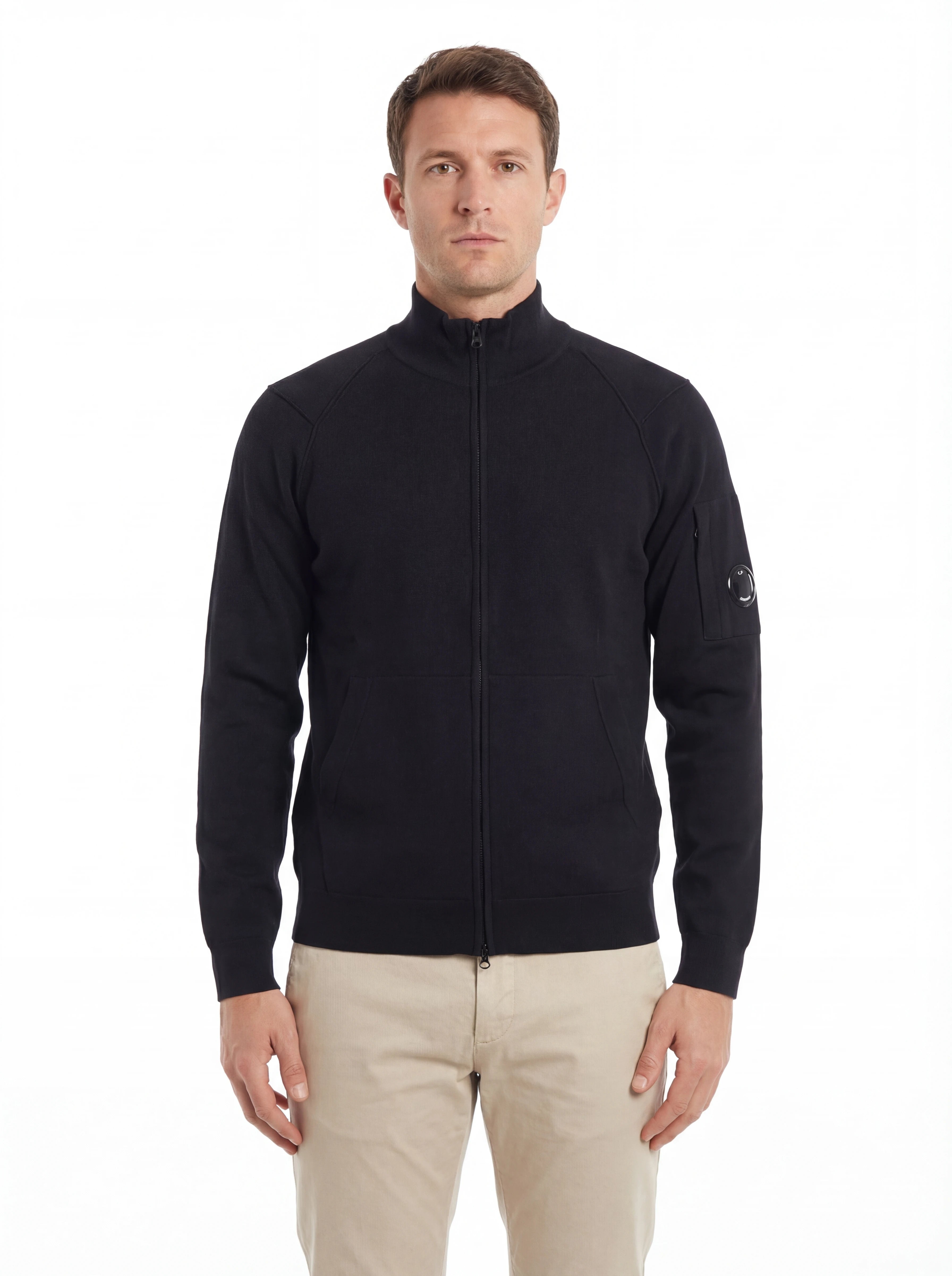 Modello a 45° con cardigan blu zip spalla raglan C.P. Company da uomo