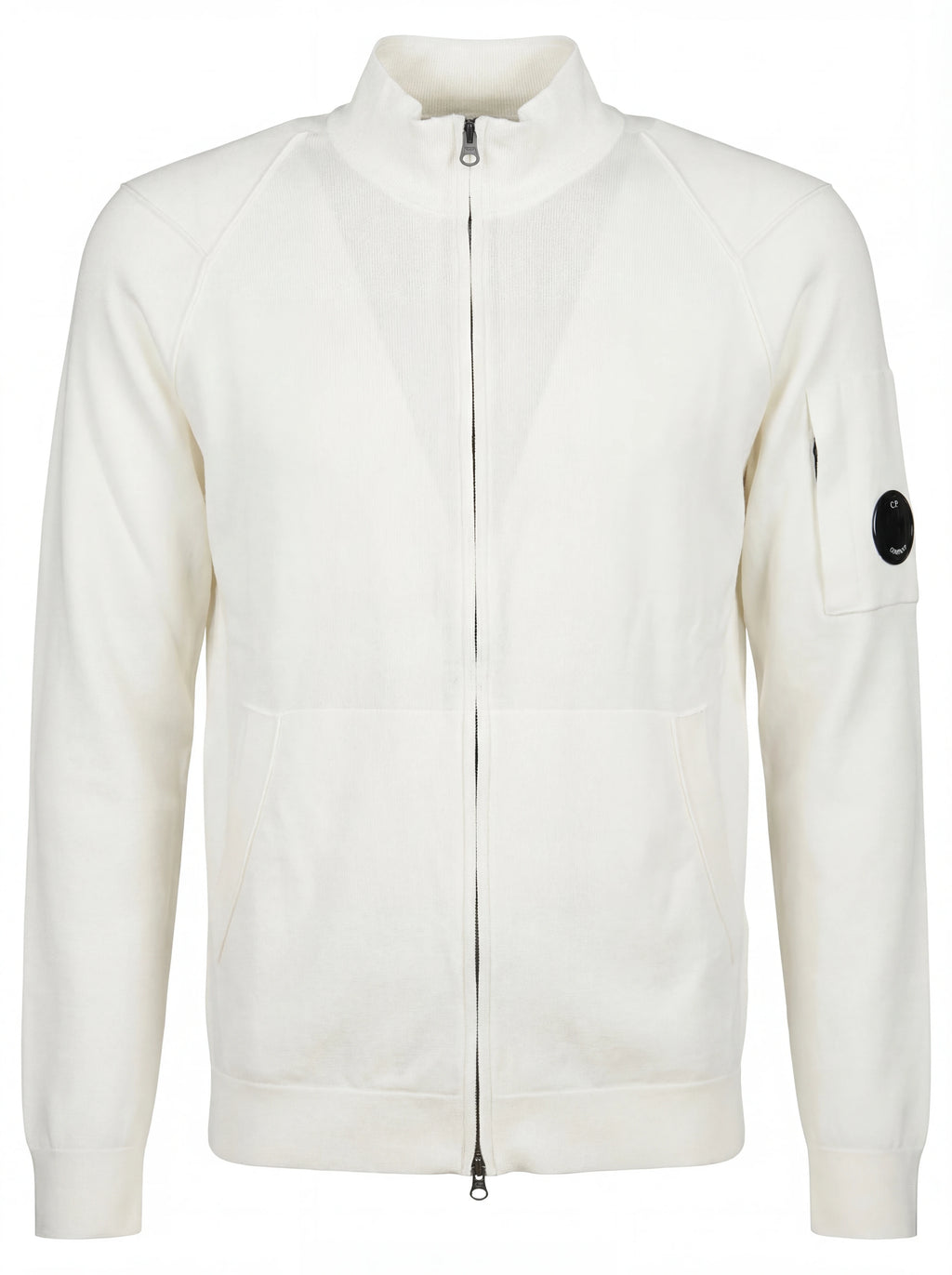 Dettaglio cardigan bianco zip spalla raglan C.P. Company da uomo