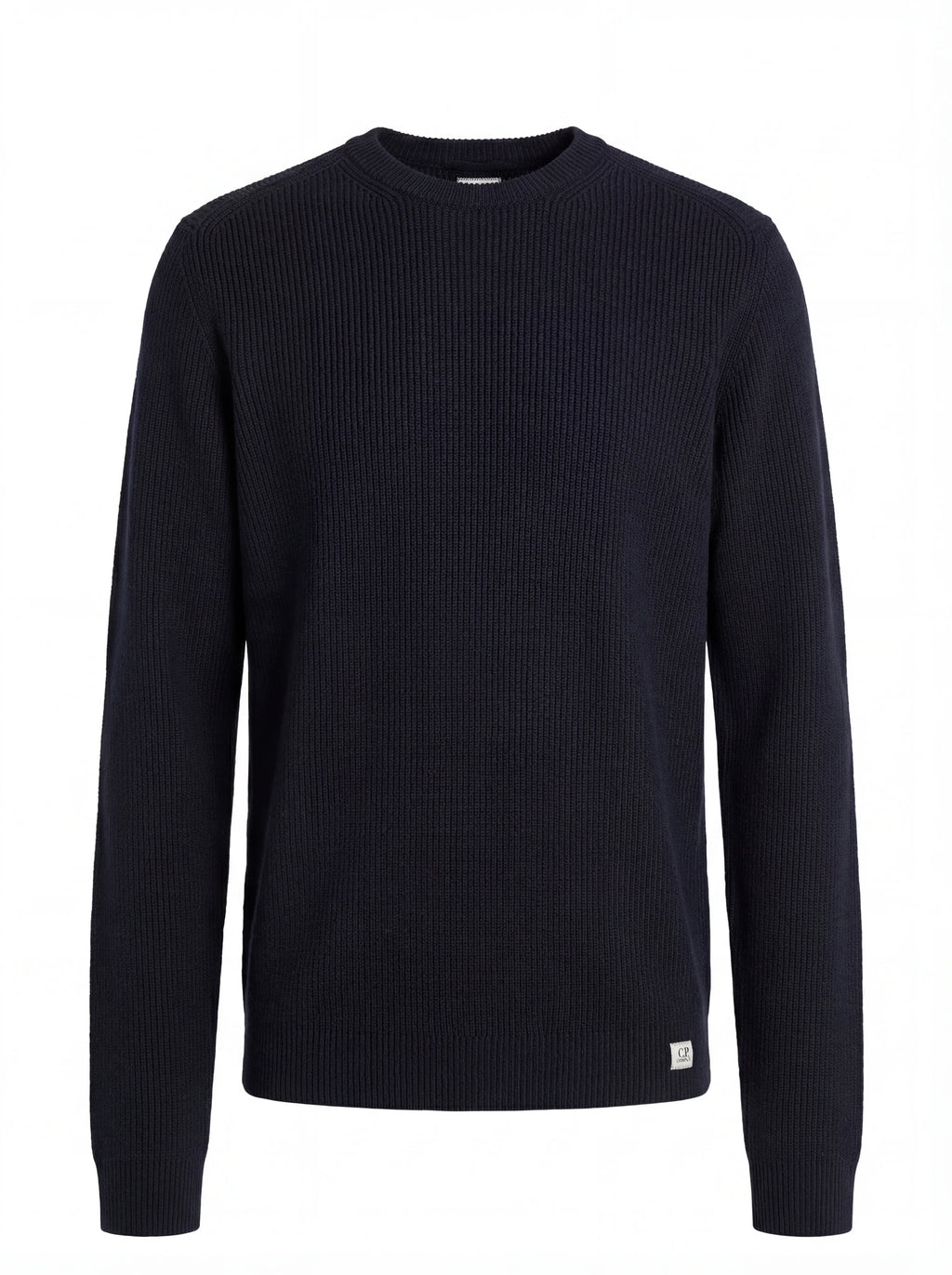 Close-up dettagli, maglione blu a costine C.P. Company da uomo in lana merino