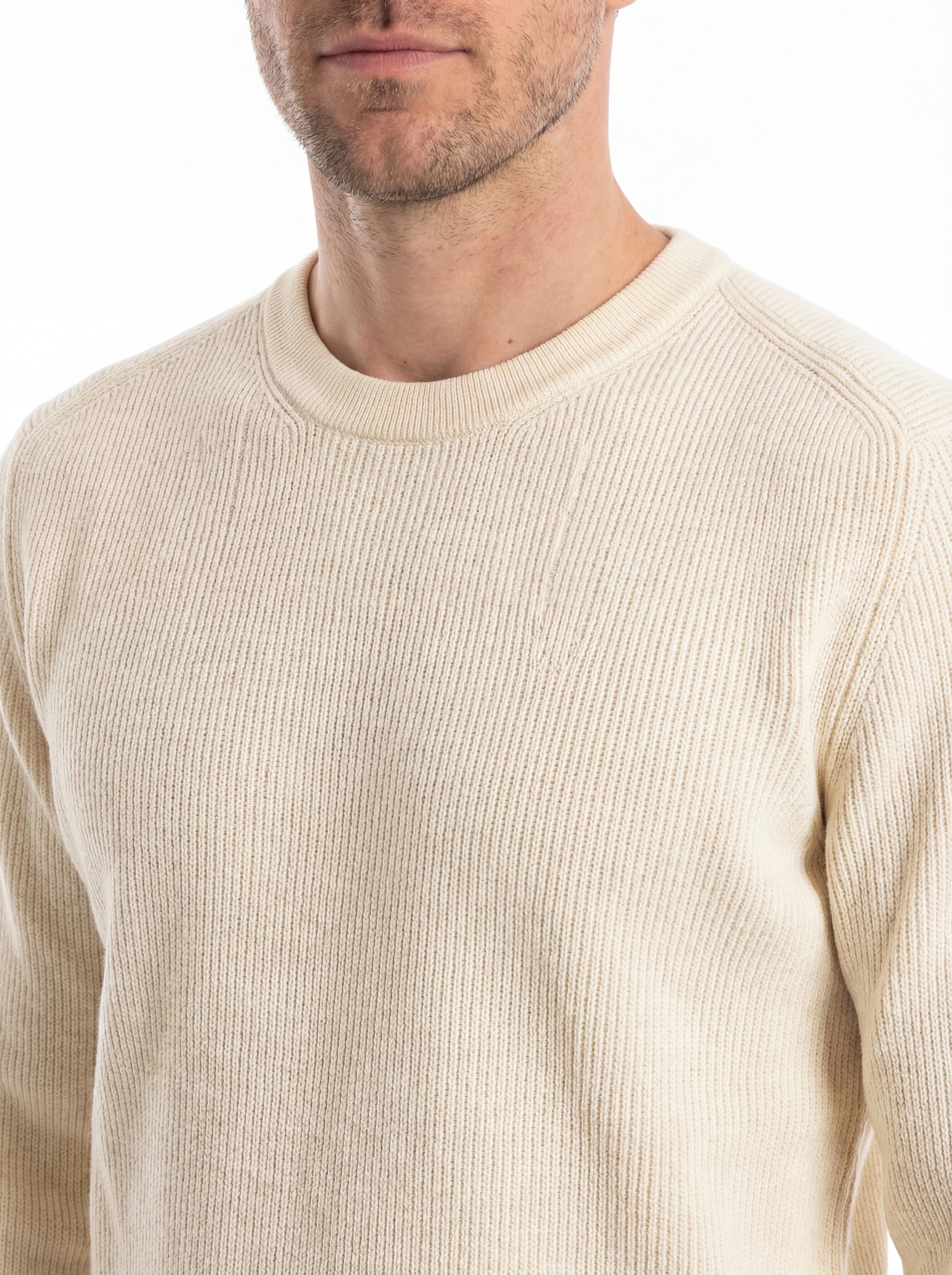 Maglione vista da dietro, maglione bianco a costine C.P. Company da uomo in lana merino