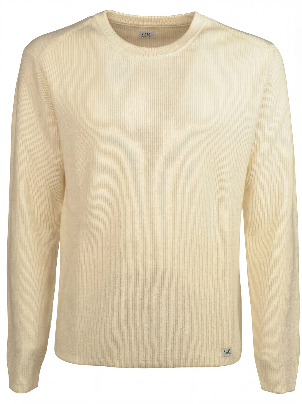 Dettaglio maglione bianco a costine C.P. Company da uomo in lana merino