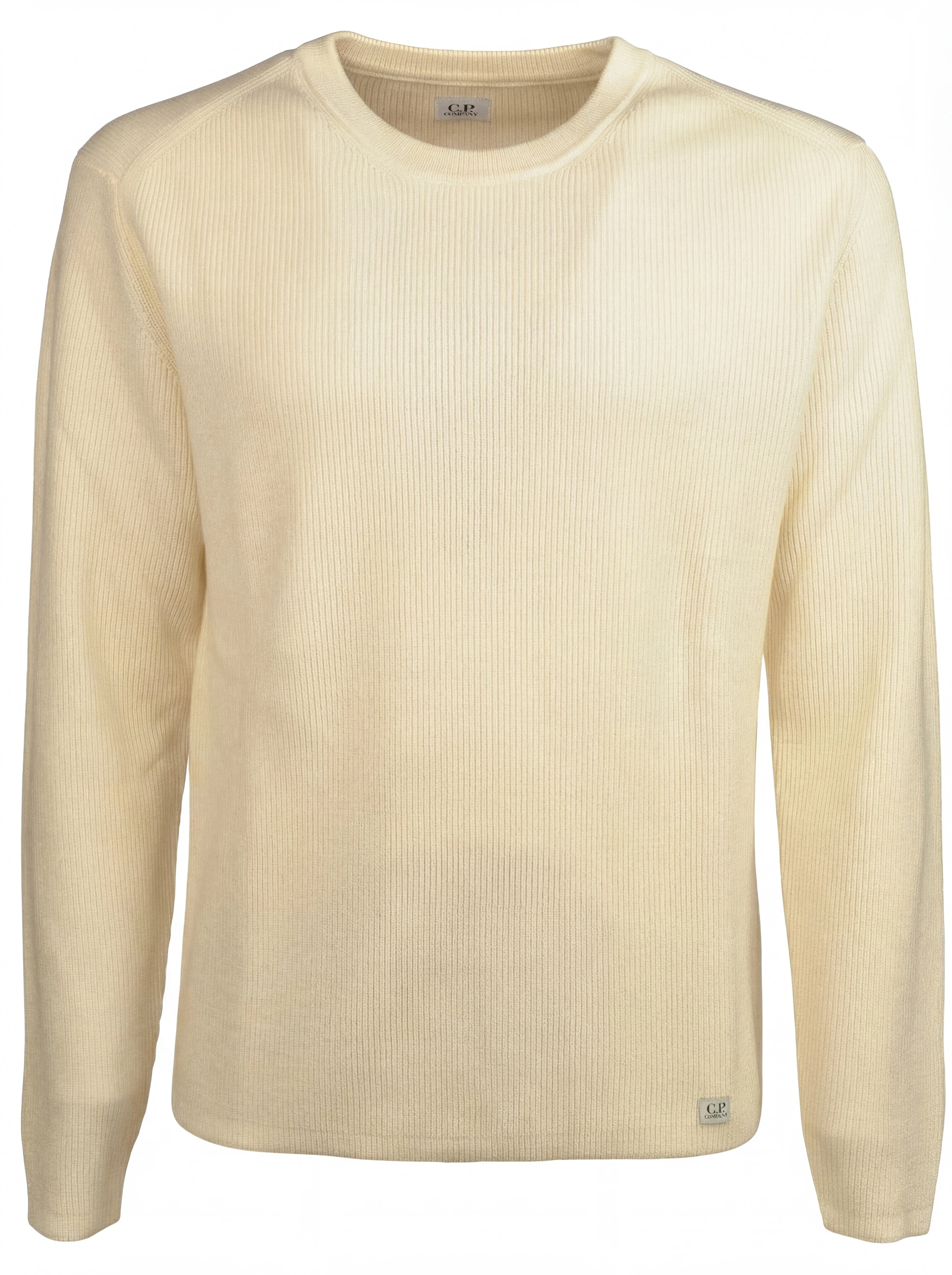 Dettaglio maglione bianco a costine C.P. Company da uomo in lana merino