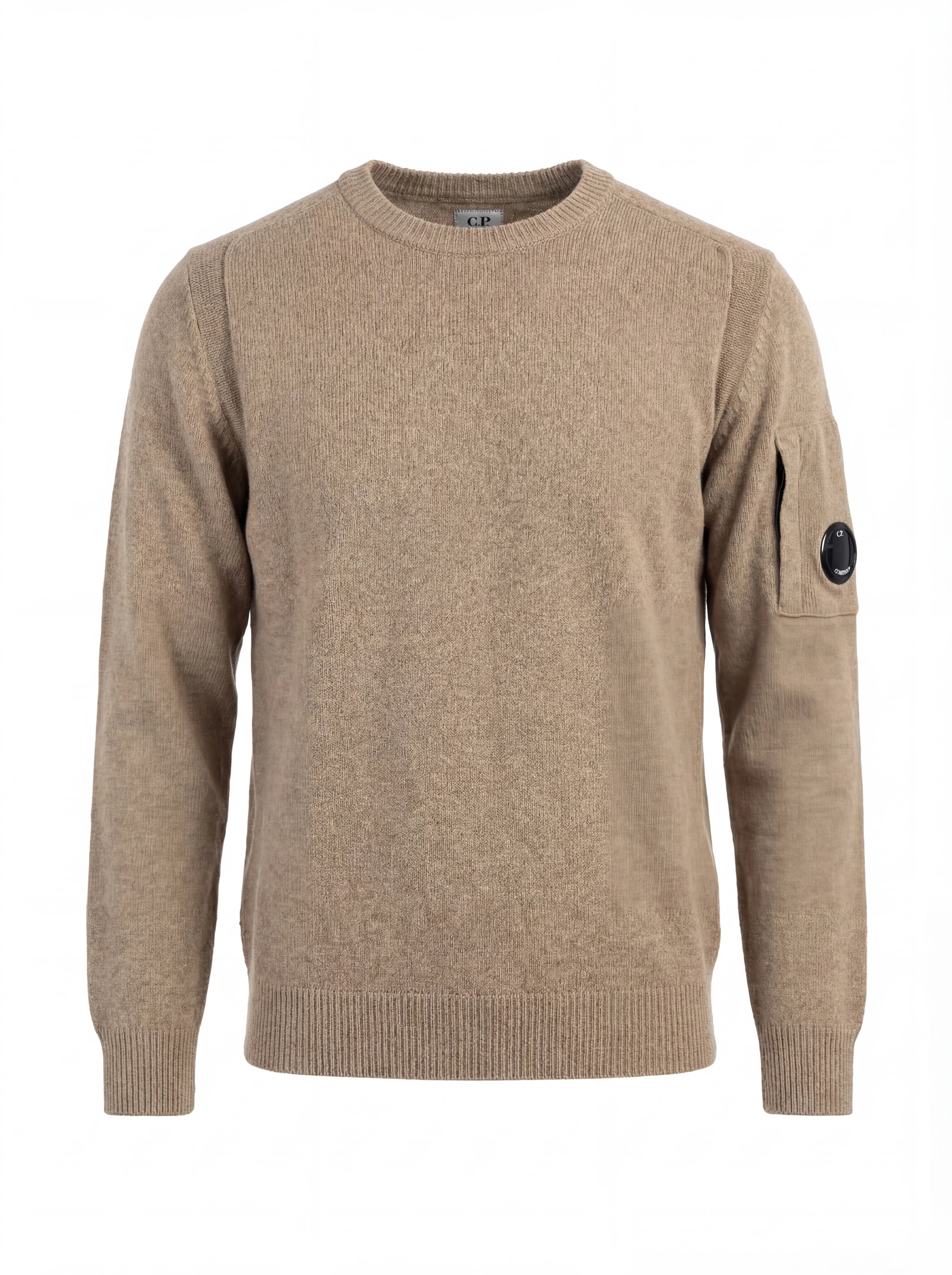 Dettaglio maglia girocollo cammello taschino con lente taschino C.P. Company da uomo in cotone