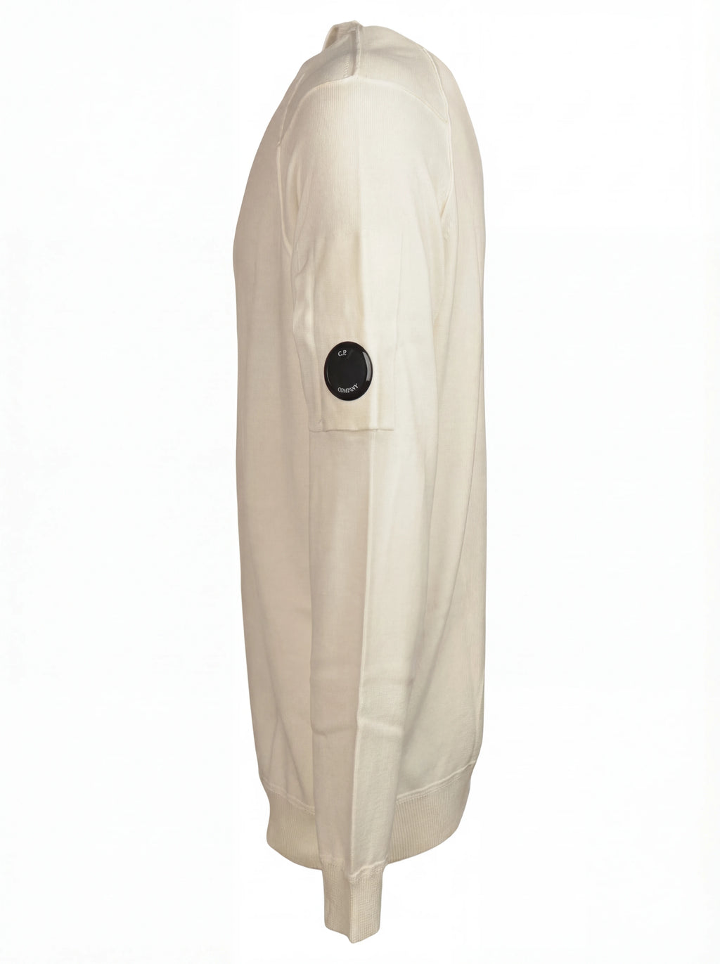 Close-up dettagli, maglia girocollo bianco12cmk spalla raglan manica a rilievo C.P. Company da uomo