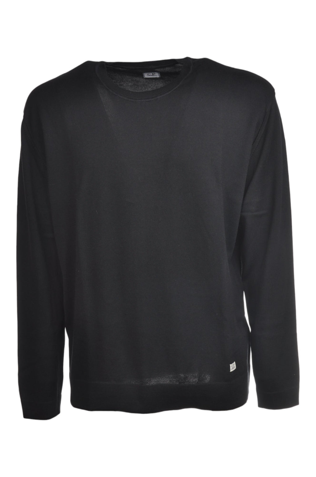 Maglia girocollo vista da dietro, maglia girocollo blu logo cucito vestibilità dritta C.P. Company da uomo