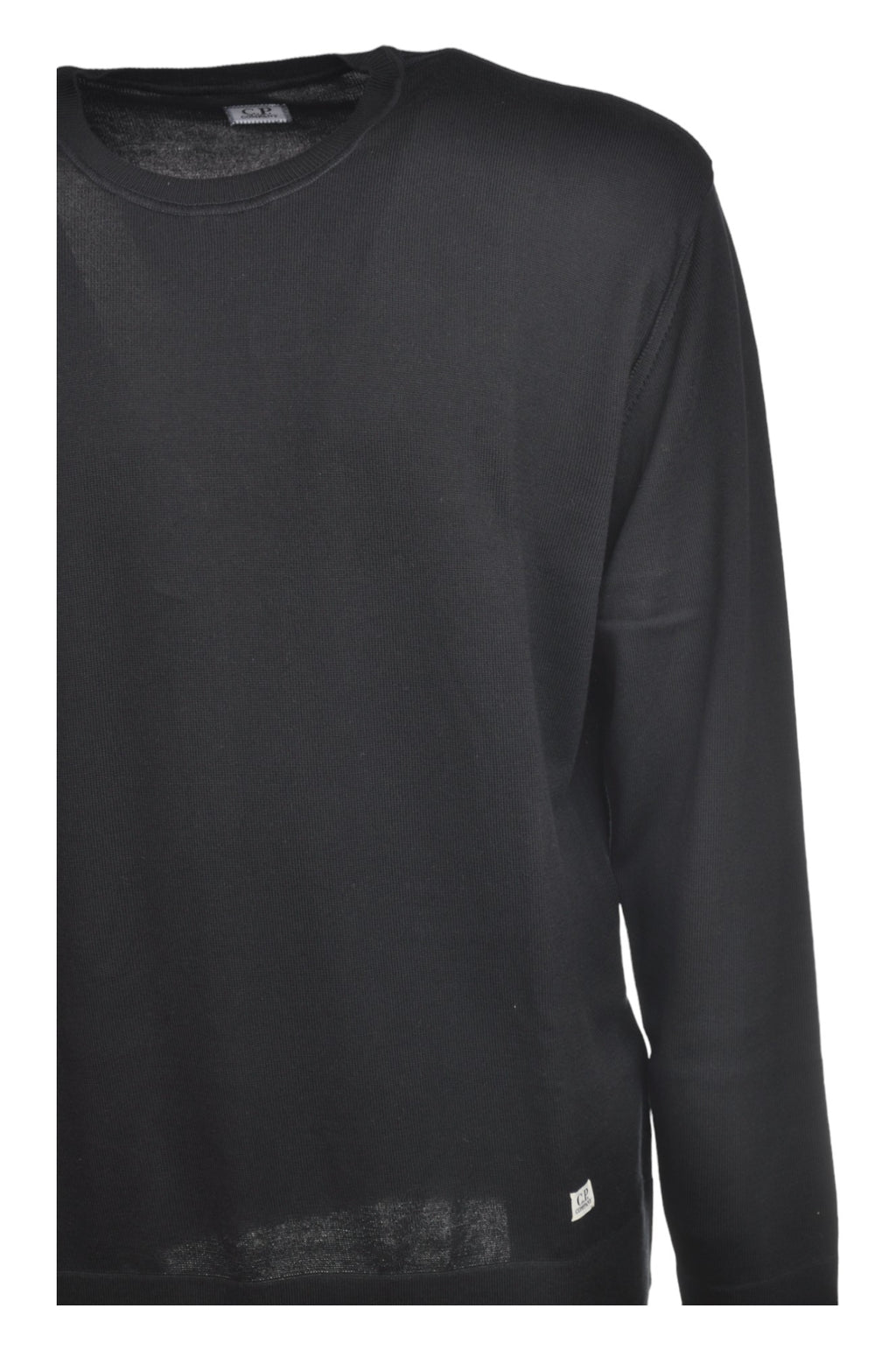 Dettaglio maglia girocollo blu logo cucito vestibilità dritta C.P. Company da uomo
