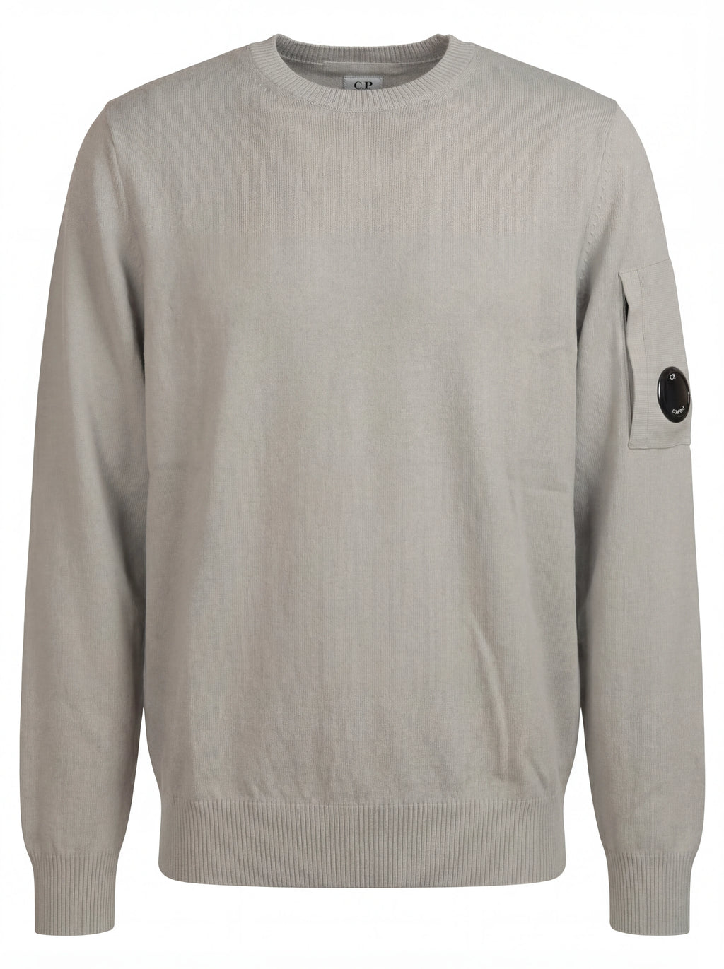 Dettaglio maglia girocollo grigio perla taschino con lente taschino C.P. Company da uomo in cotone