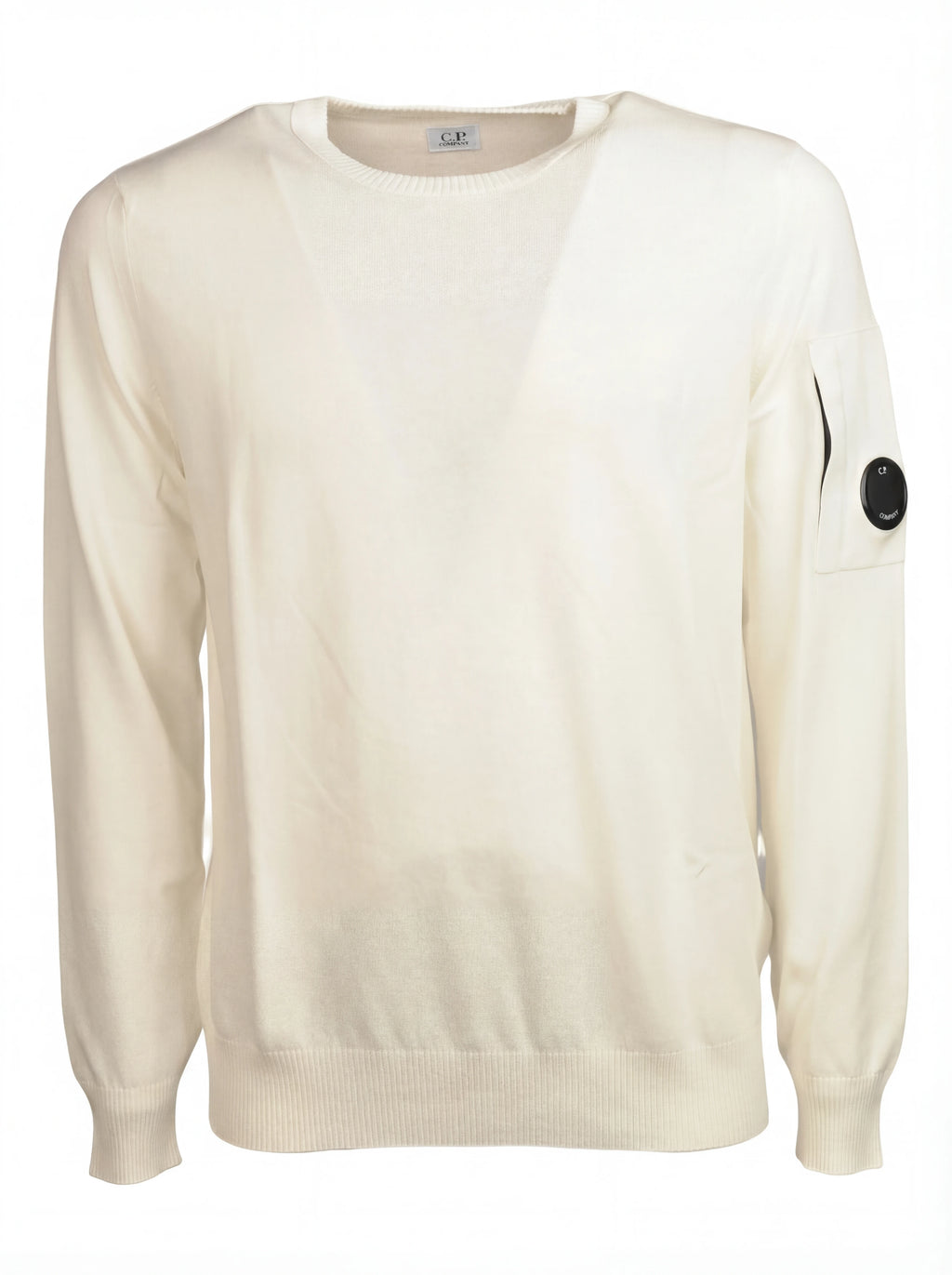 Close-up dettagli, maglione bianco taschino con lente taschino C.P. Company da uomo in cotone
