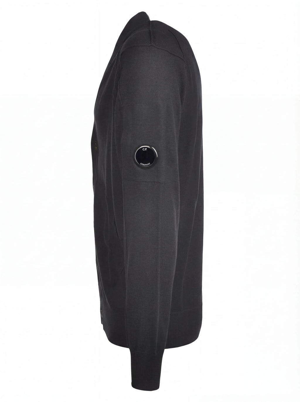 Close-up dettagli, cardigan blu taschino manica a rilievo C.P. Company da uomo