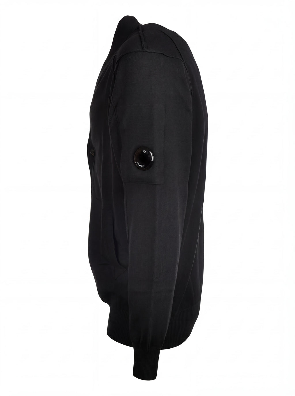 Cardigan vista da dietro, cardigan nero taschino manica a rilievo C.P. Company da uomo