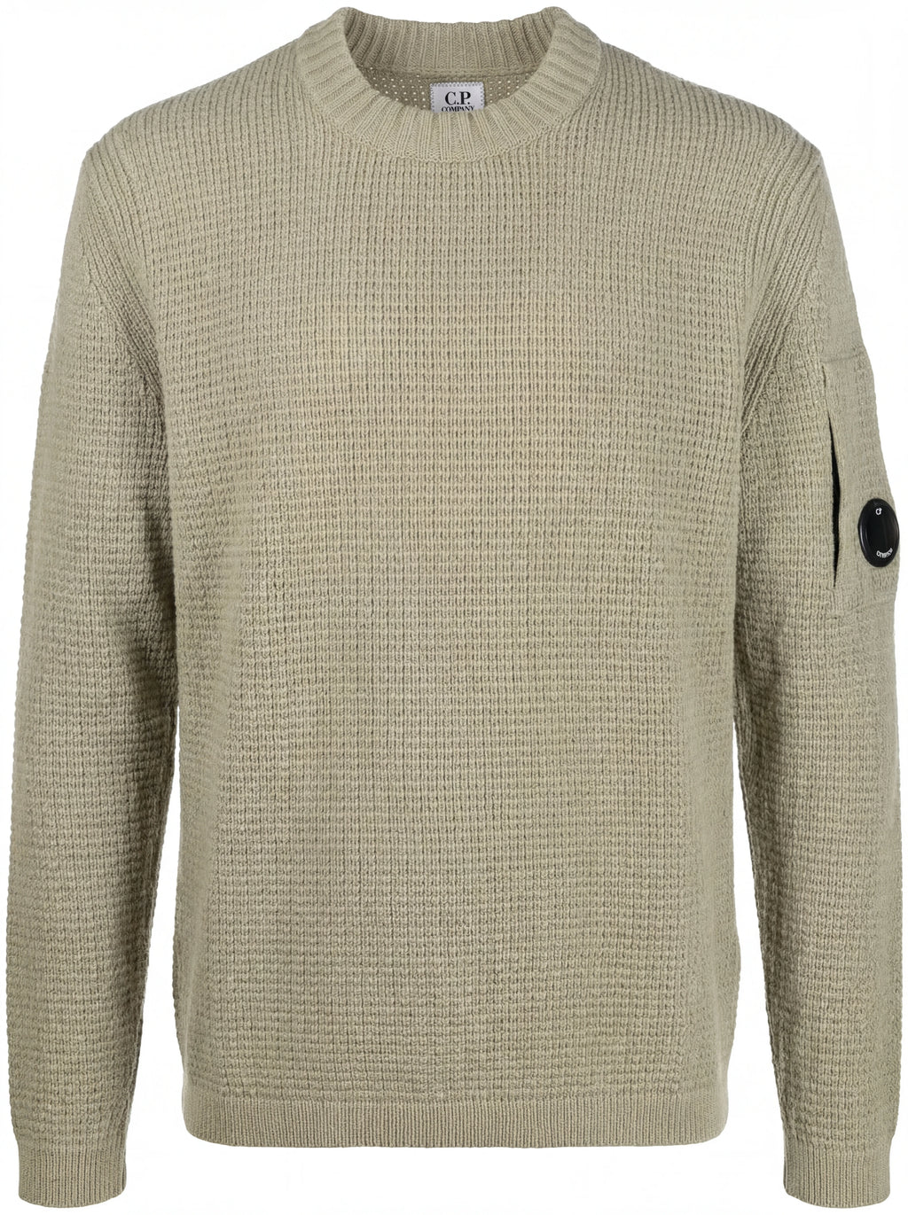 Close-up dettagli, maglione salvia a costine C.P. Company da uomo in lana