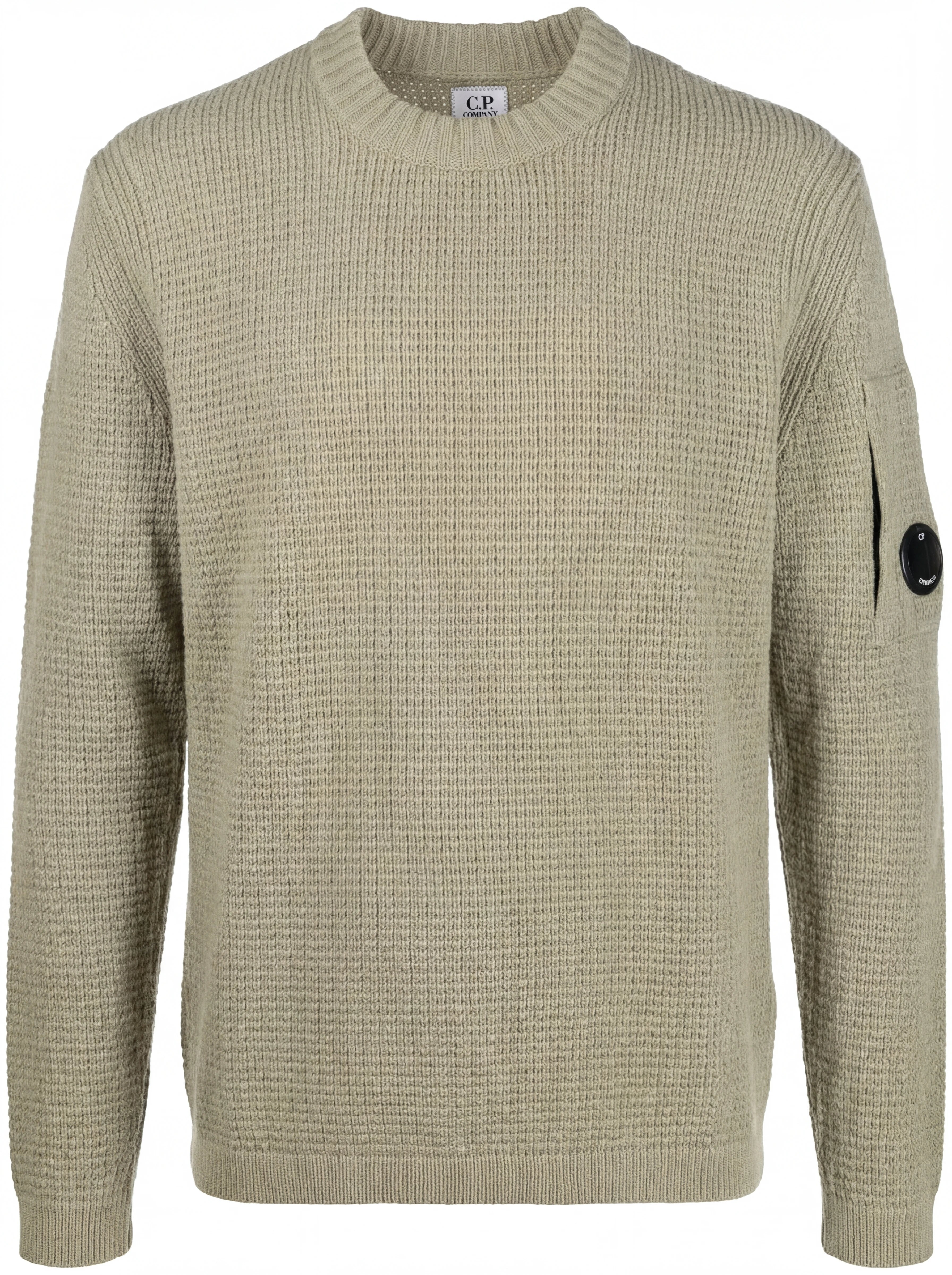 Close-up dettagli, maglione salvia a costine C.P. Company da uomo in lana