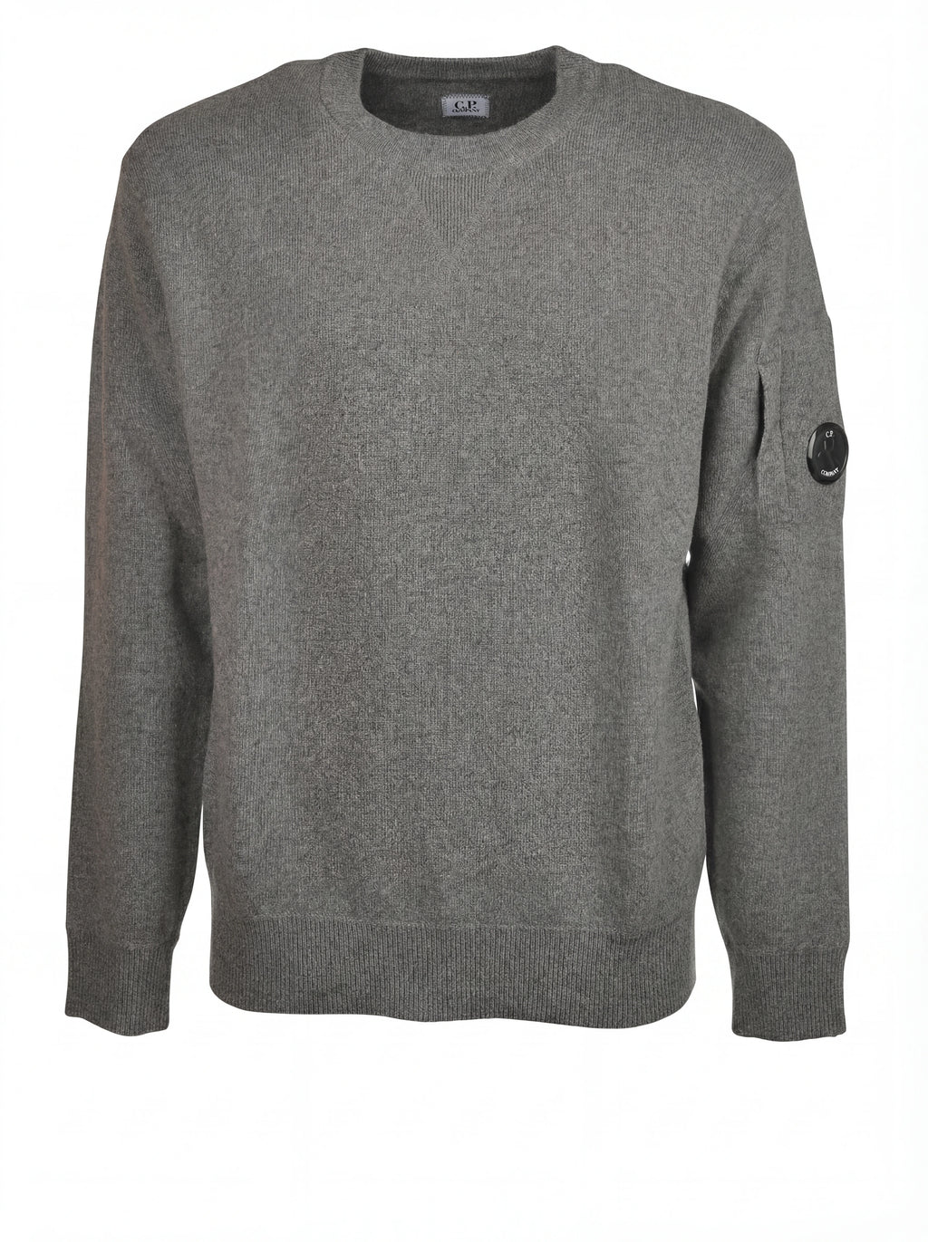 Dettaglio maglia girocollo grigio medio a costine C.P. Company da uomo in lana