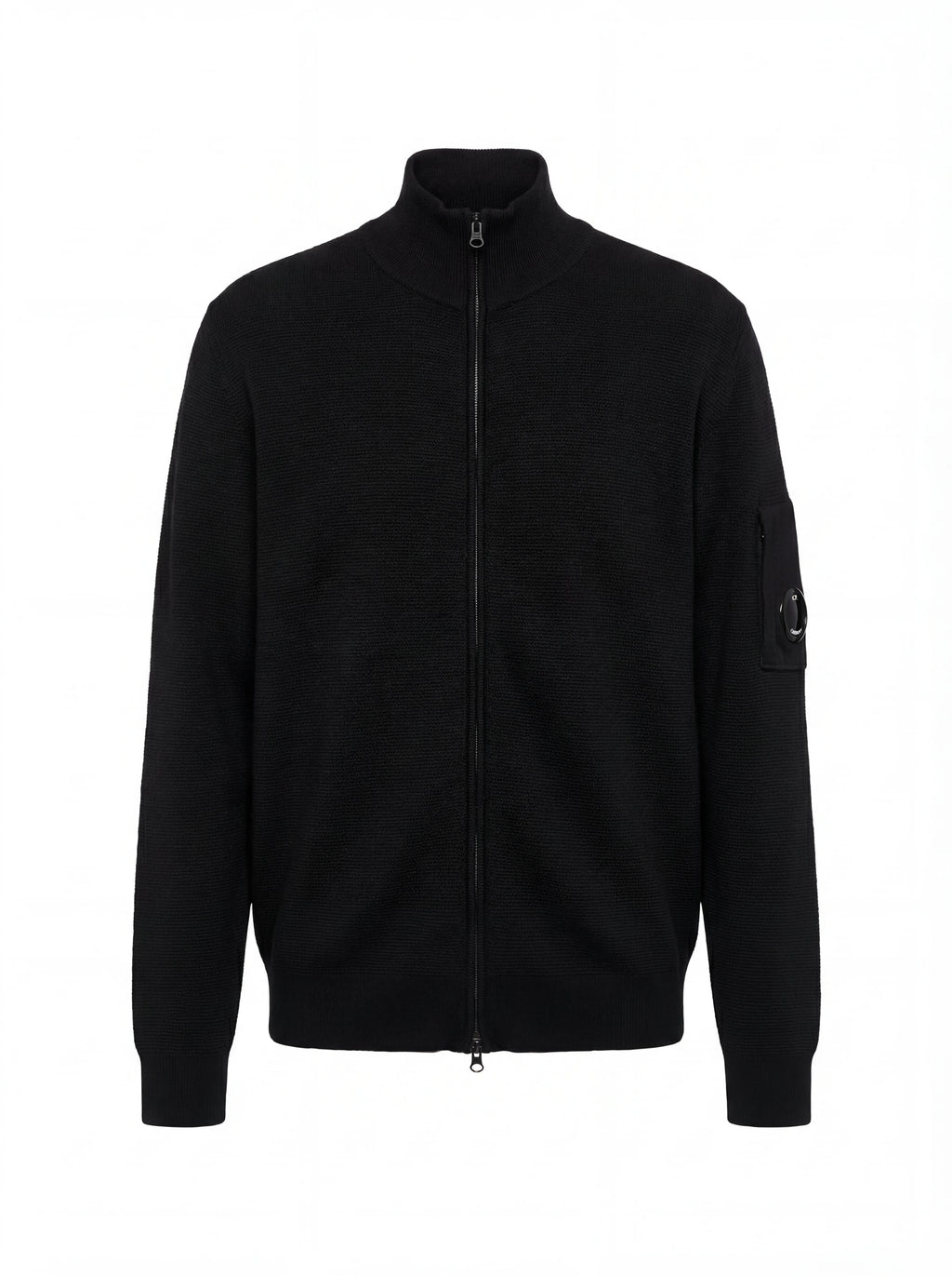 Dettaglio cardigan nero zip C.P. Company da uomo in lana merino