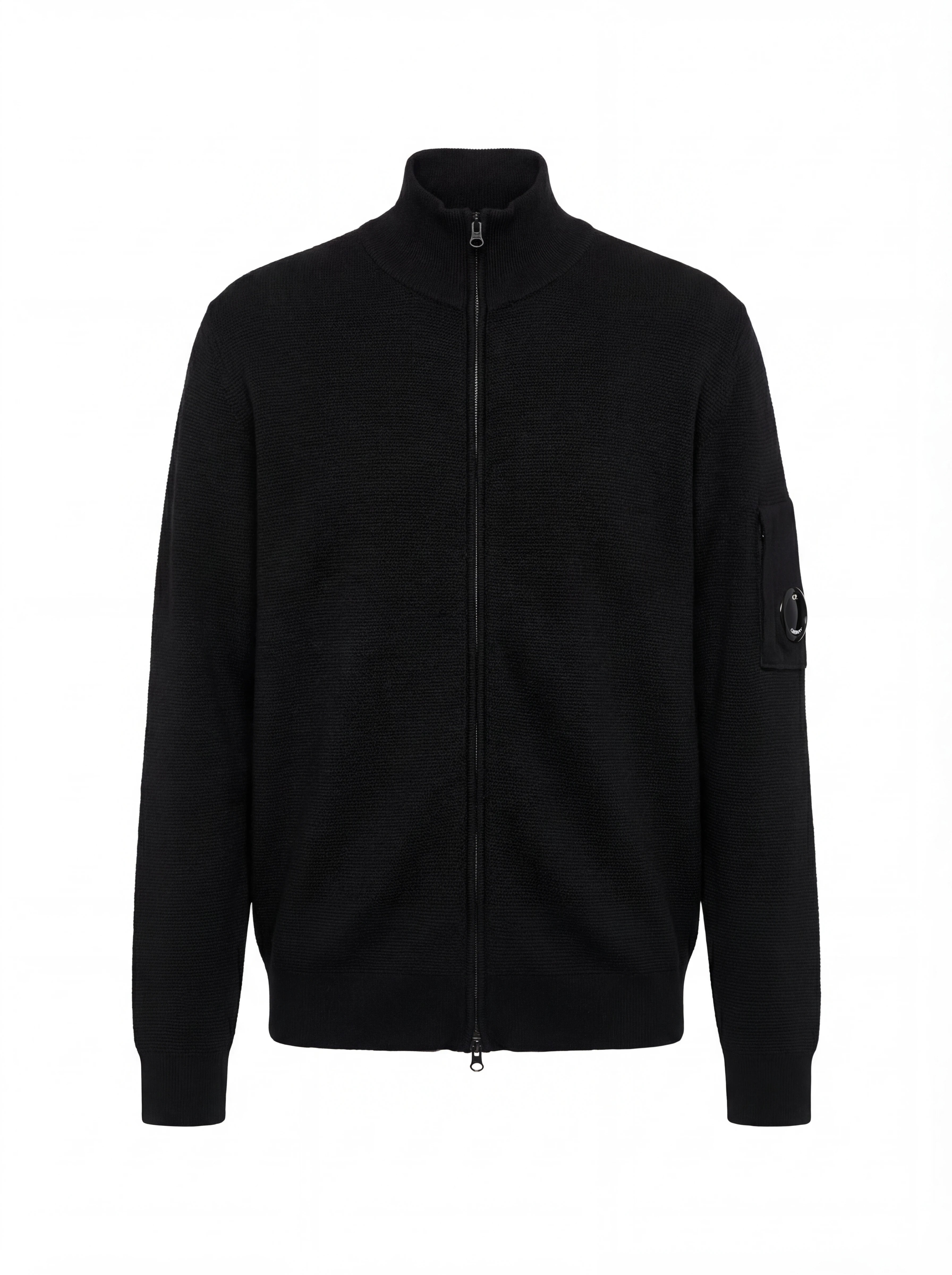 Dettaglio cardigan nero zip C.P. Company da uomo in lana merino
