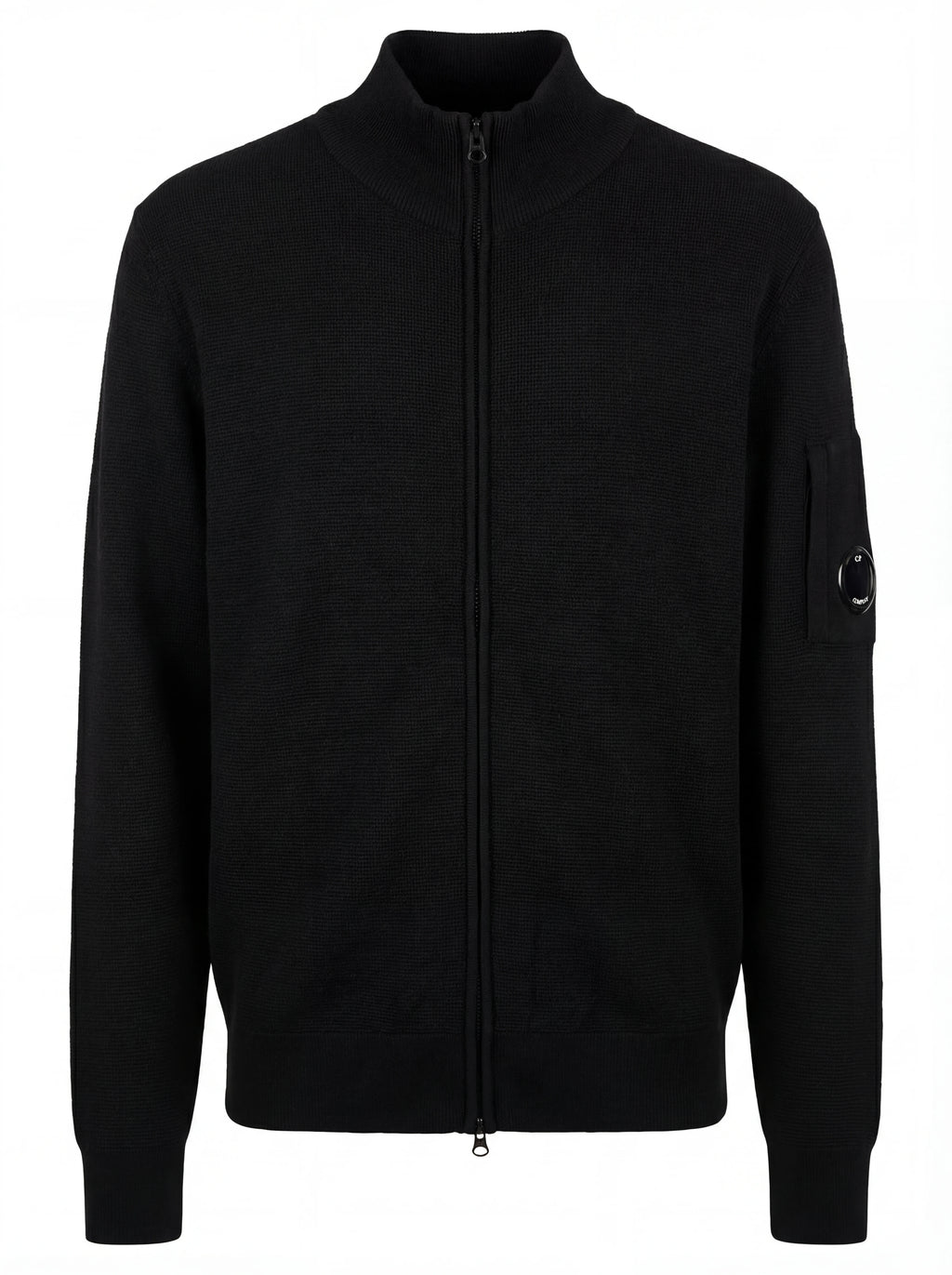 Dettaglio cardigan nero zip C.P. Company da uomo in lana merino