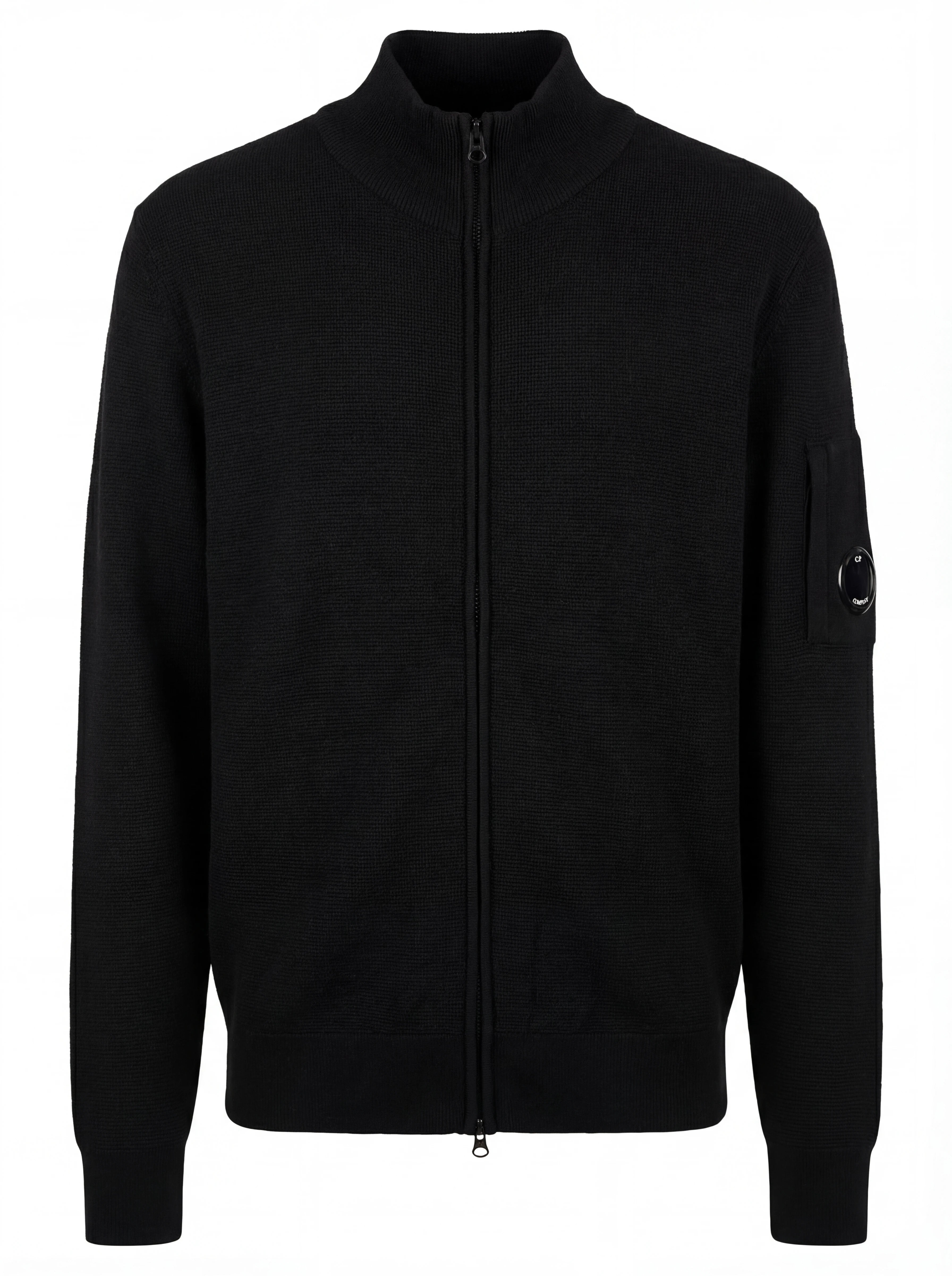 Dettaglio cardigan nero zip C.P. Company da uomo in lana merino