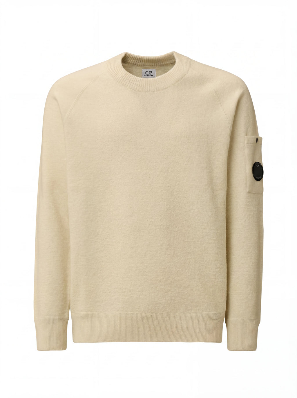 Maglia girocollo frontale, maglia girocollo panna taschino con lente taschino C.P. Company da uomo in lana merino