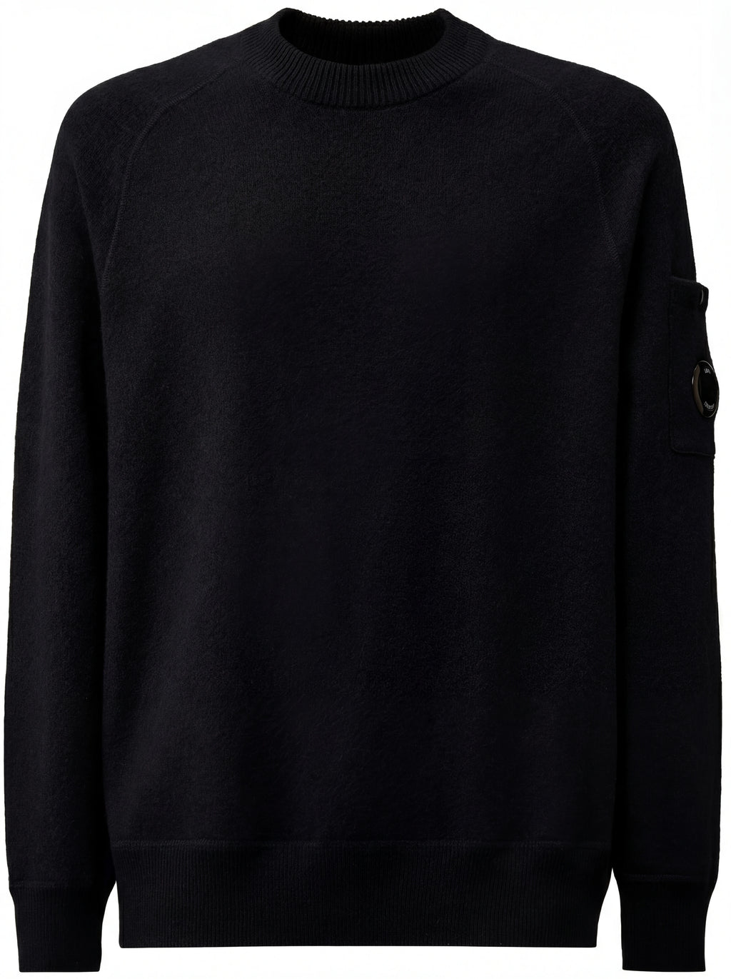 Maglia girocollo vista da dietro, maglia girocollo blu taschino con lente taschino C.P. Company da uomo in lana merino