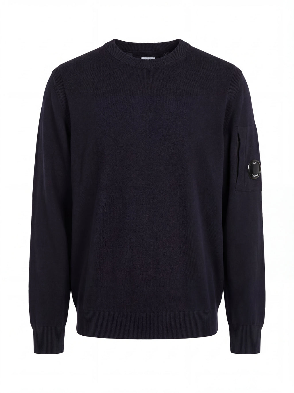 Maglia girocollo frontale, maglia girocollo blu taschino con lente taschino C.P. Company da uomo in lana merino extrafine