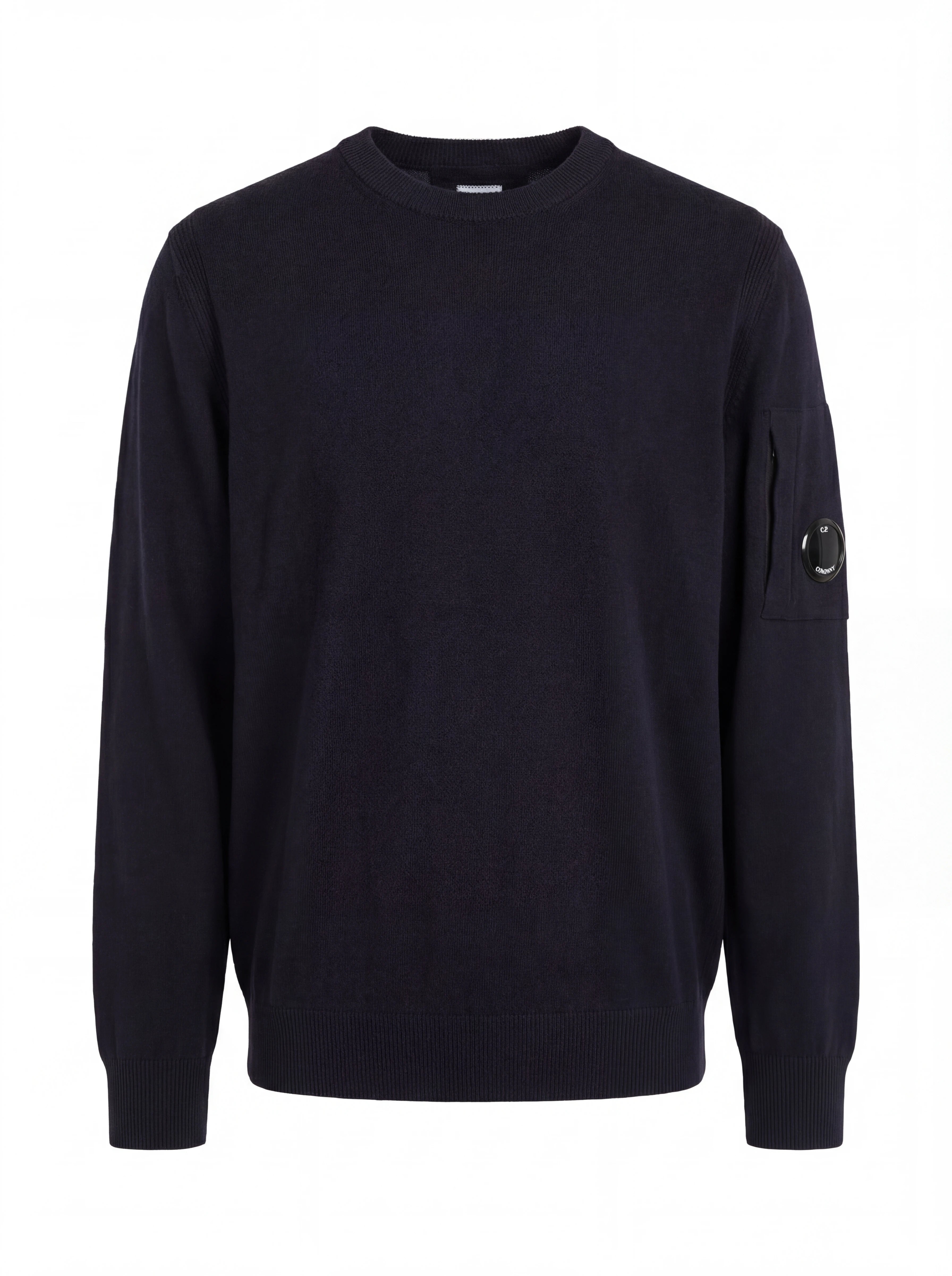 Maglia girocollo frontale, maglia girocollo blu taschino con lente taschino C.P. Company da uomo in lana merino extrafine