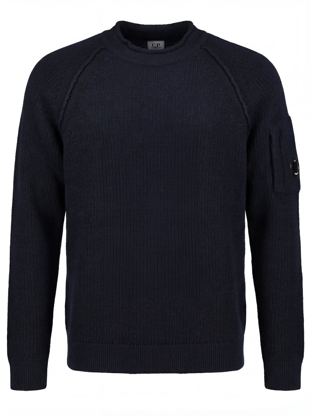 Dettaglio maglia girocollo blu spalla raglan manica a rilievo C.P. Company da uomo