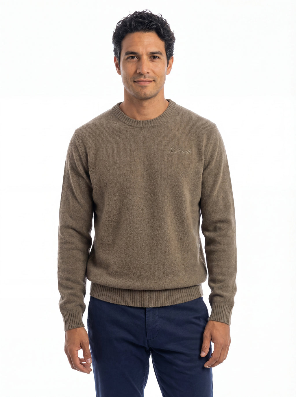 Maglione da dietro su sfondo neutro girocollo noce Saint Barth Regent in lana di agnello