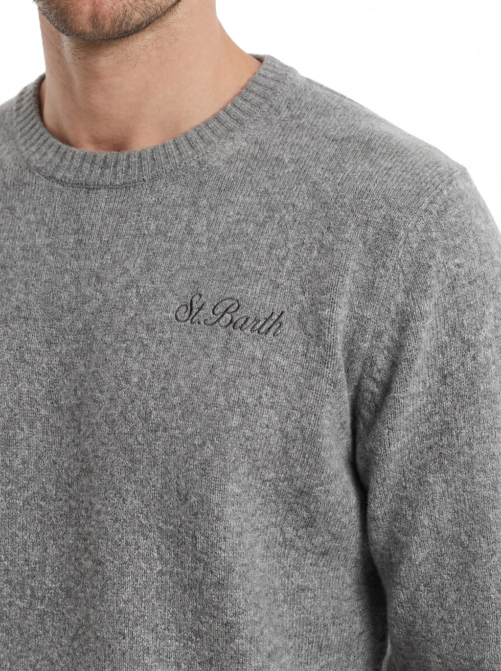 Maglione da dietro su sfondo neutro girocollo mgrigio mélange Saint Barth Regentstrech in alpaca stretch