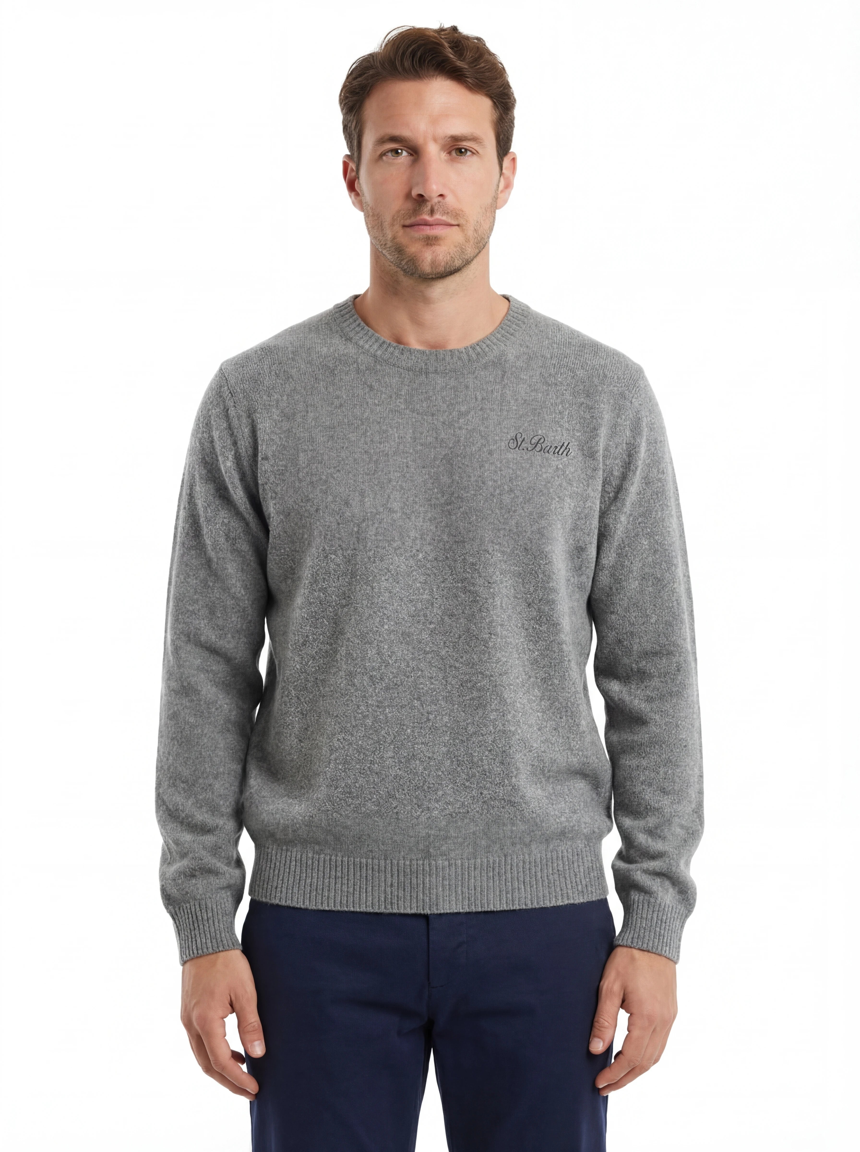 Dettaglio ravvicinato girocollo mgrigio mélange Saint Barth Regentstrech in alpaca stretch