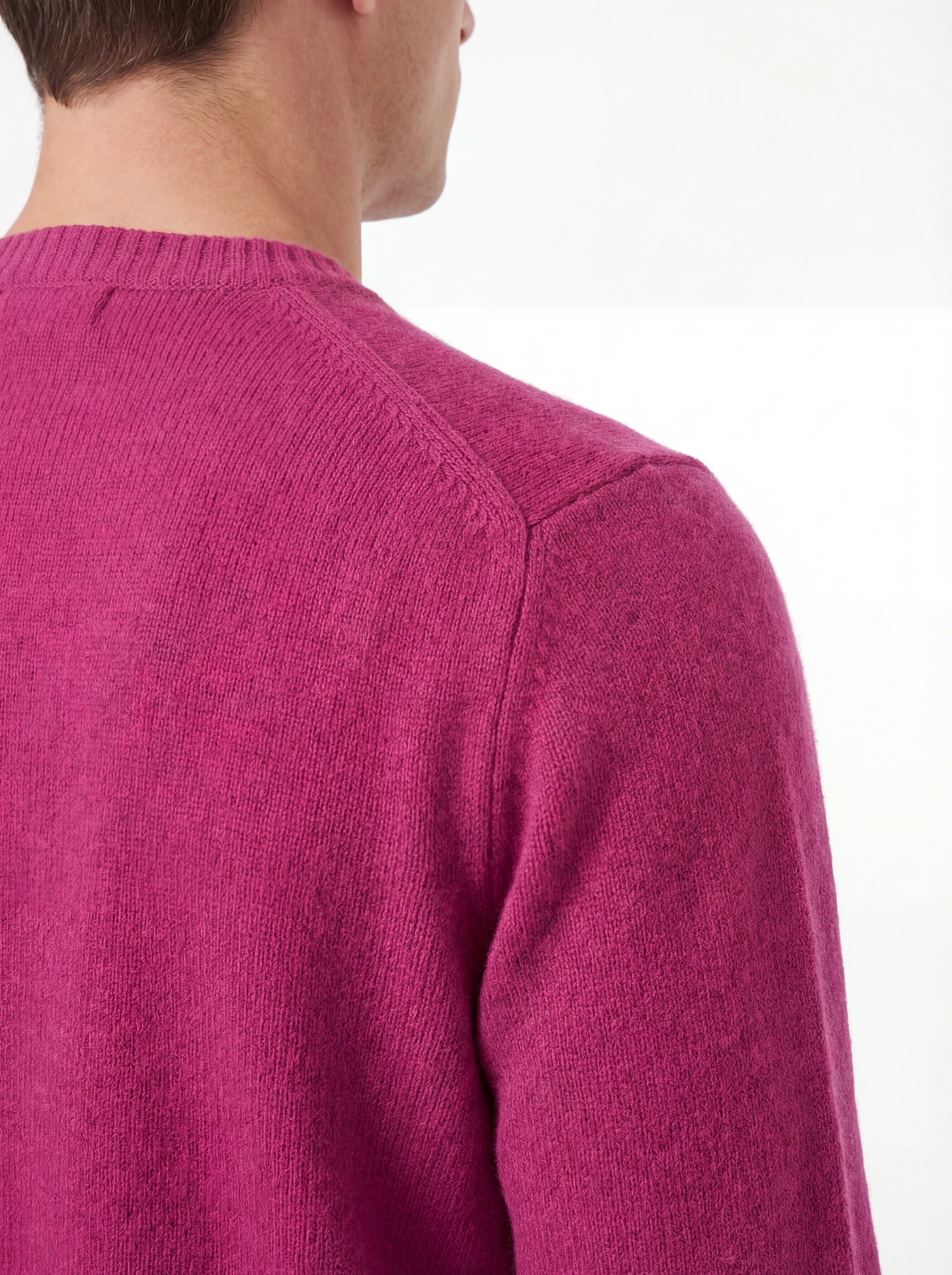 Modello visto da dietro maglione girocollo peonia Saint Barth Regentstrech in alpaca stretch